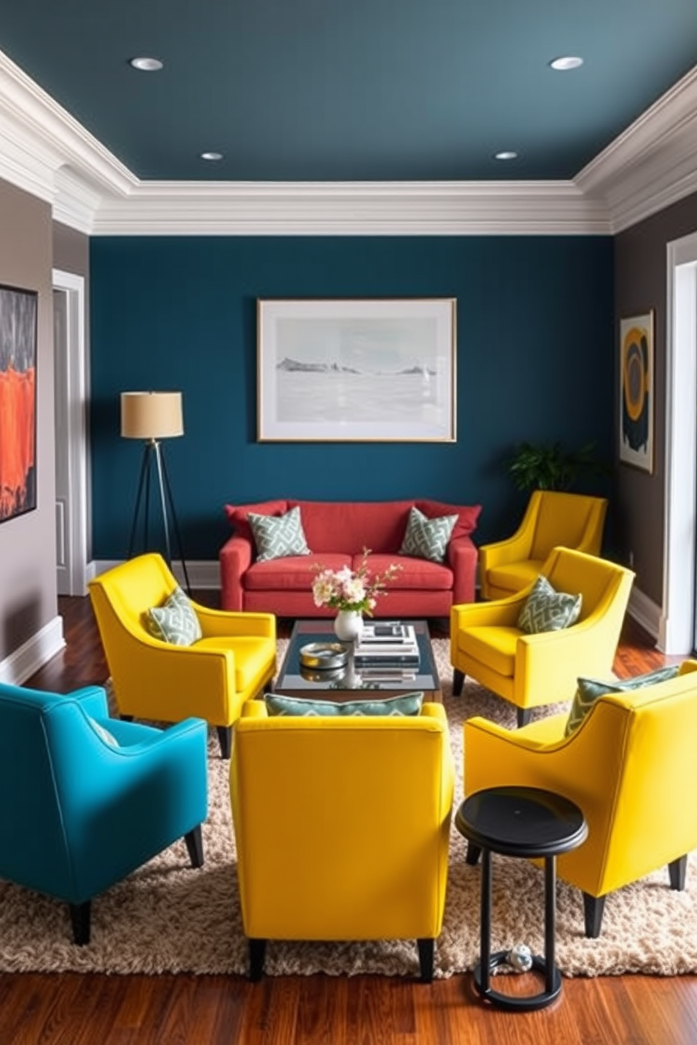 A sunken living room features bold accent chairs in vibrant colors that create a striking focal point. The seating arrangement is complemented by a plush area rug, and the surrounding walls are adorned with contemporary art pieces.