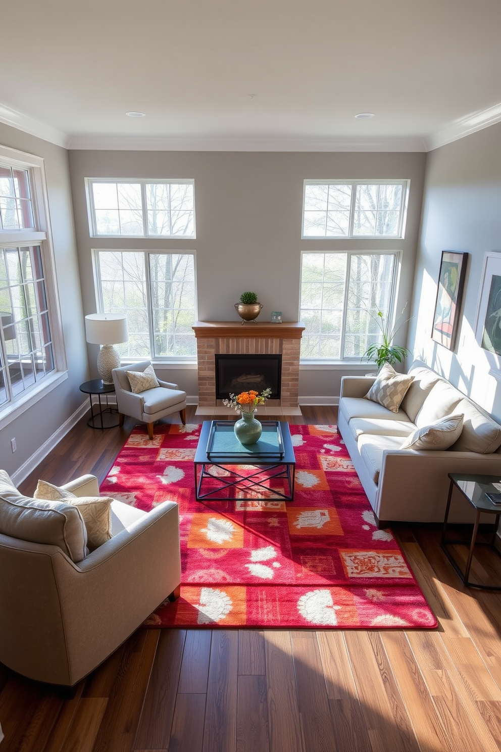 A bold area rug anchors the sunken living room, adding a pop of color and texture to the space. Surrounding the rug, plush seating arrangements create an inviting atmosphere for relaxation and conversation. The sunken living room features a low-profile sectional sofa that enhances the room's depth and intimacy. Large windows allow natural light to flood the space, highlighting the rich hues of the area rug and furnishings.