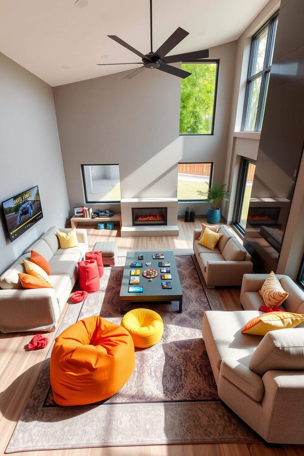 An interactive games area for family fun features a large sectional sofa arranged around a coffee table with board games spread out. Brightly colored bean bags are scattered around the space, and a wall-mounted TV displays a gaming console for video games. The sunken living room design incorporates a cozy seating arrangement with plush sofas and armchairs positioned around a modern fireplace. Large windows allow natural light to flood the space, while a stylish area rug adds warmth and texture to the floor.