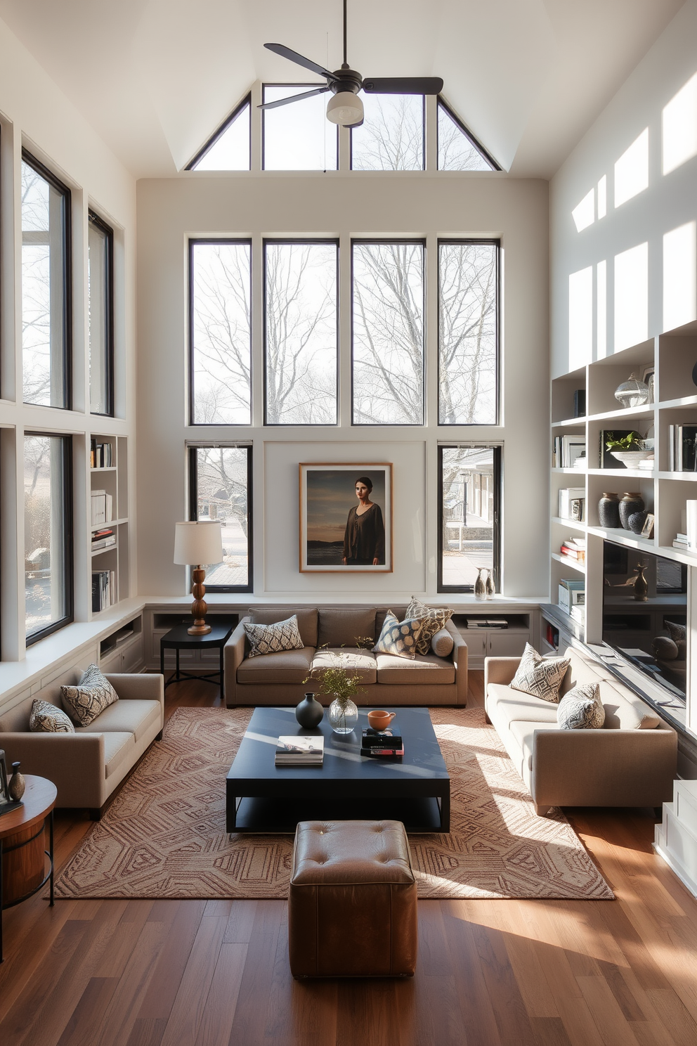 A sunken living room features a cozy seating area that is slightly below the main floor level, creating an intimate atmosphere. Large windows line the walls, allowing ample natural light to flood the space and highlight the elegant furnishings. The seating arrangement includes a plush sectional sofa and a stylish coffee table at the center. Surrounding the room, built-in shelves display curated decor and books, enhancing the overall aesthetic.