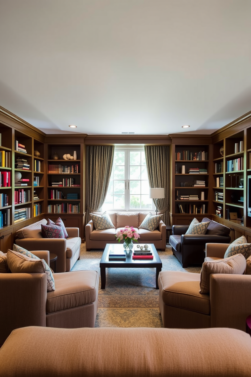 A cozy sunken living room features built-in shelves on either side, showcasing an array of books and decorative items. Plush seating surrounds a central coffee table, creating an inviting atmosphere perfect for relaxation and conversation.