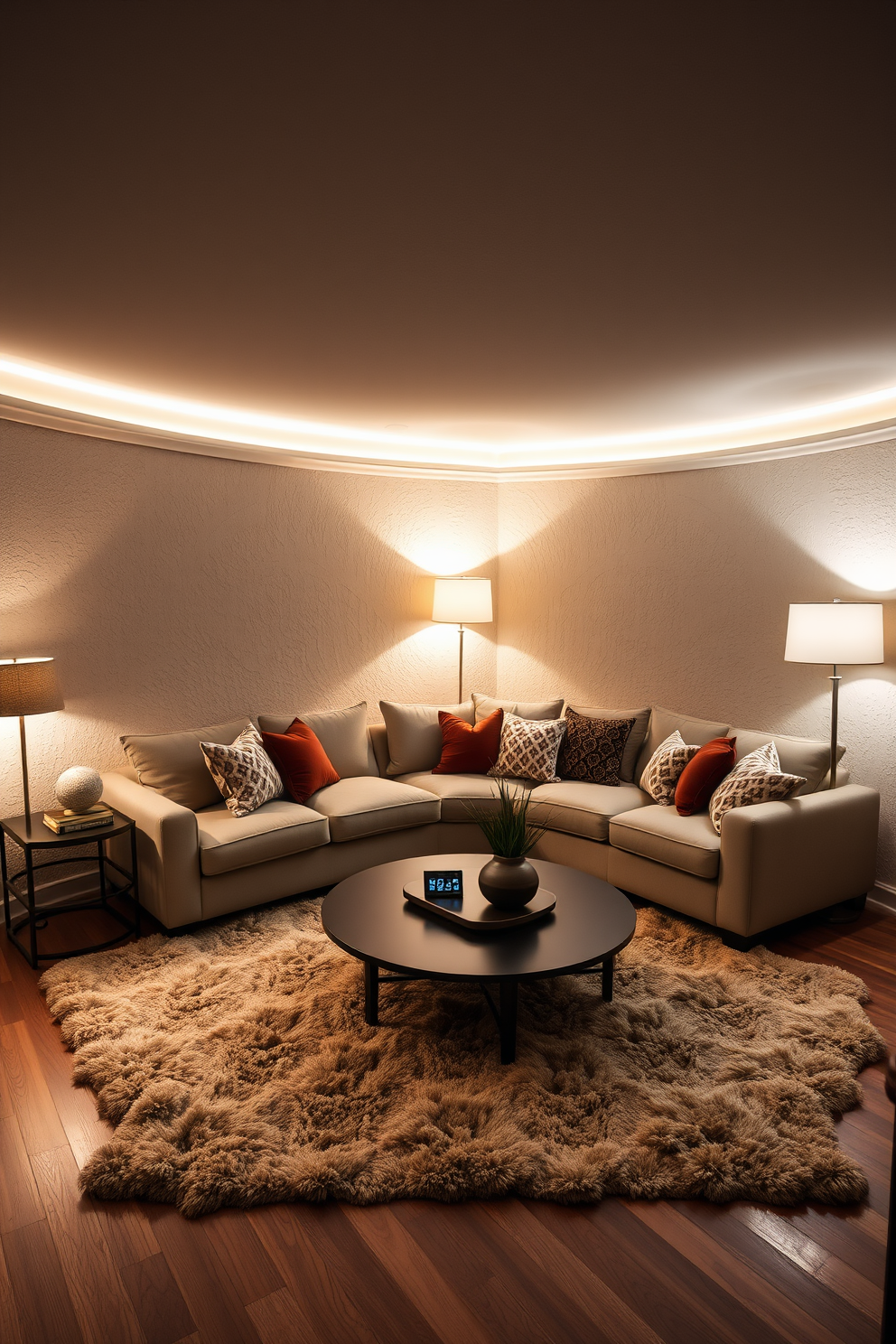 A cozy sunken living room features layered lighting that creates a warm and inviting atmosphere. Floor and table lamps are strategically placed to highlight the textured walls and plush furnishings, enhancing the overall design. The seating arrangement includes a large sectional sofa adorned with colorful throw pillows, inviting relaxation. A stylish coffee table sits at the center, surrounded by soft area rugs that add depth and comfort to the space.