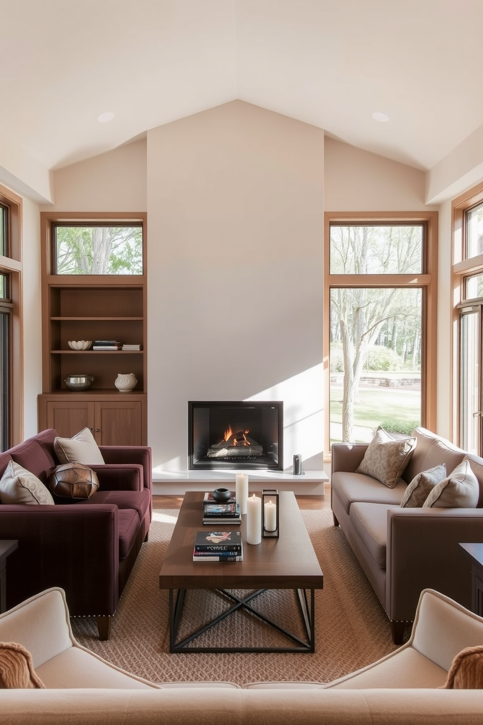 A sunken fireplace serves as the focal point of a cozy living room. The surrounding seating area features plush sofas and armchairs arranged for intimate conversation, creating a warm and inviting atmosphere. The walls are adorned with soft, neutral tones that enhance the natural light flowing through large windows. A stylish coffee table sits at the center, complemented by decorative elements like candles and books that add character to the space.