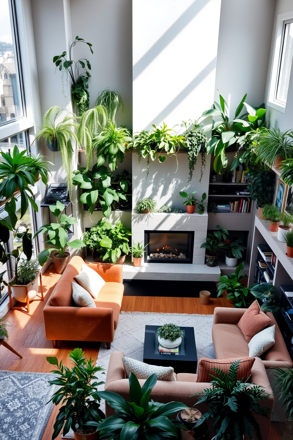 A cozy indoor space filled with various indoor plants that create a fresh and inviting atmosphere. Lush green foliage is arranged on shelves and in corners, with sunlight streaming through large windows enhancing the vibrant colors. A sunken living room featuring a plush sectional sofa surrounded by soft area rugs. The space is designed with a modern fireplace as the focal point, complemented by built-in shelves displaying decorative items and books.