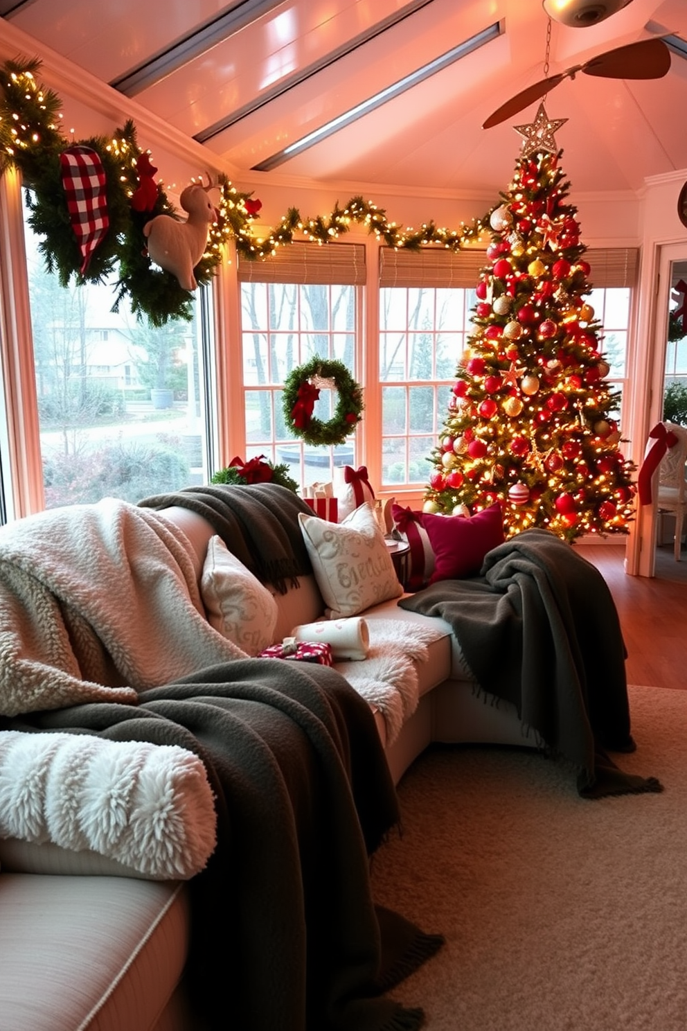 Cozy oversized blankets draped over plush furniture create a warm and inviting atmosphere. The sunroom is adorned with festive Christmas decorations, including twinkling lights and a beautifully decorated tree.