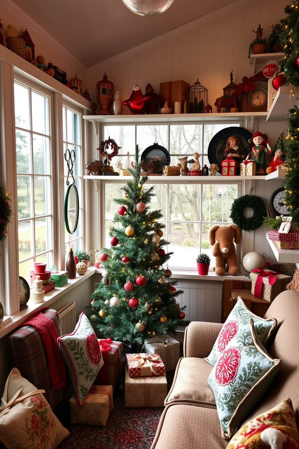 Vintage holiday decorations adorn the shelves of a cozy sunroom filled with natural light. The shelves are lined with an array of antique ornaments, glass baubles, and handmade crafts that evoke nostalgia and warmth. A beautifully decorated Christmas tree stands in the corner, surrounded by wrapped gifts and twinkling fairy lights. The sunroom features comfortable seating with festive throw pillows, creating an inviting space for family gatherings during the holiday season.