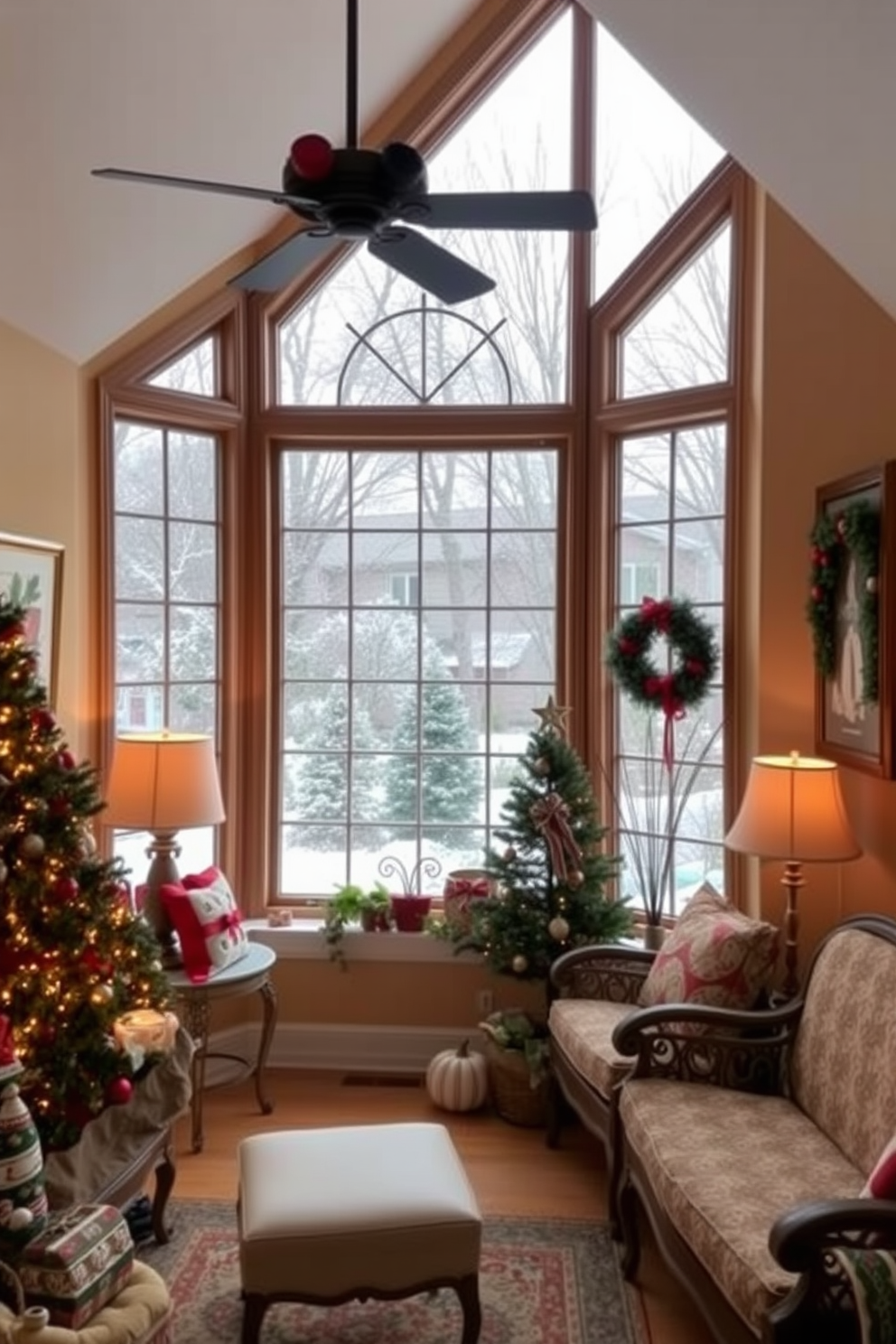 A cozy sunroom adorned with holiday-themed artwork on the walls. The space features a large window that lets in natural light, creating a warm and inviting atmosphere filled with festive decorations.