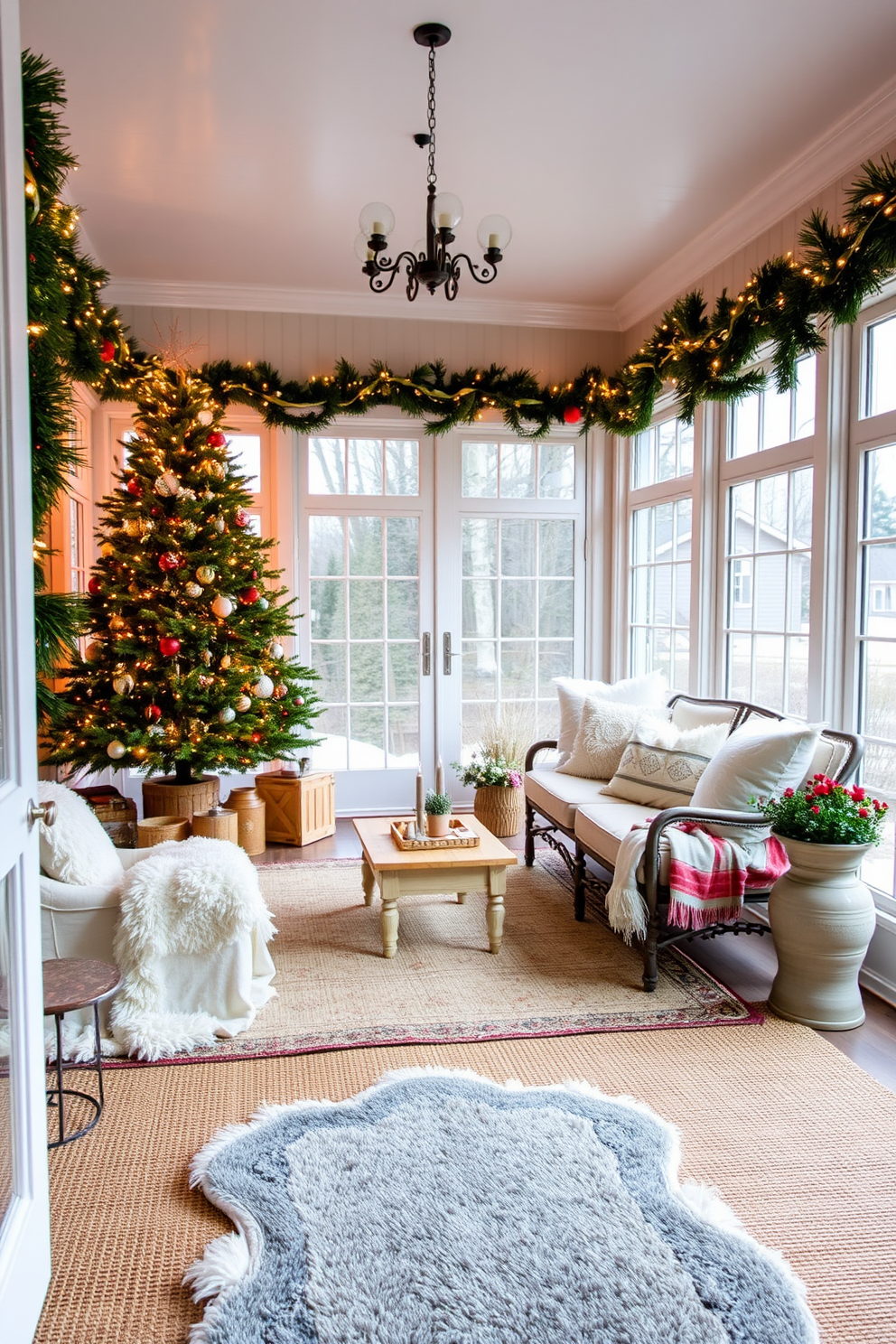 A cozy sunroom featuring layered rugs in various textures and colors to create a warm and inviting atmosphere. Soft, plush rugs are layered over a natural jute base, enhancing the comfort of the space. The sunroom is beautifully decorated for Christmas with twinkling fairy lights strung across the windows and a lush evergreen tree adorned with ornaments. Festive garlands drape over the furniture, adding a cheerful touch to the serene environment.