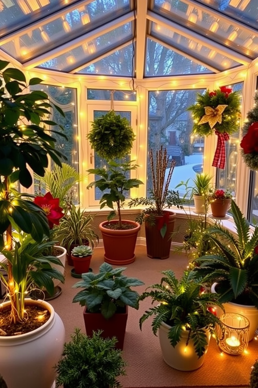 A cozy sunroom adorned with string lights delicately wrapped around various potted plants creating a warm and inviting atmosphere. The soft glow of the lights enhances the lush greenery, while festive decorations bring a cheerful holiday spirit to the space.