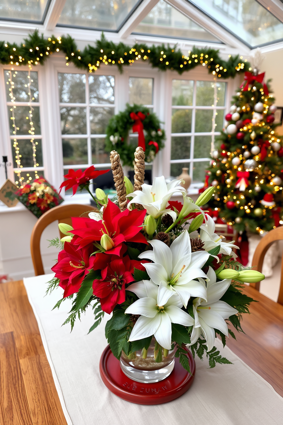 A stunning table centerpiece featuring an array of seasonal flowers in vibrant hues. The arrangement includes a mix of fresh blooms such as red poinsettias and white lilies, complemented by lush greenery. In the sunroom, Christmas decorations create a warm and inviting atmosphere. Twinkling fairy lights adorn the windows, while a beautifully decorated tree stands in the corner, enhancing the festive spirit.