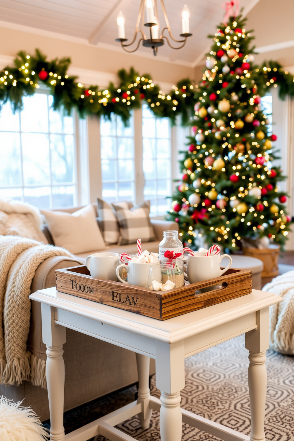 A cozy hot cocoa station is set up on a charming side table, featuring a rustic wooden tray that holds mugs, marshmallows, and peppermint sticks. Soft fairy lights twinkle above the table, creating a warm and inviting atmosphere perfect for winter gatherings. The sunroom is beautifully decorated for Christmas, with a lush evergreen tree adorned with twinkling lights and colorful ornaments. Festive garlands drape across the windows, and plush throws are scattered on the seating to enhance the seasonal cheer.