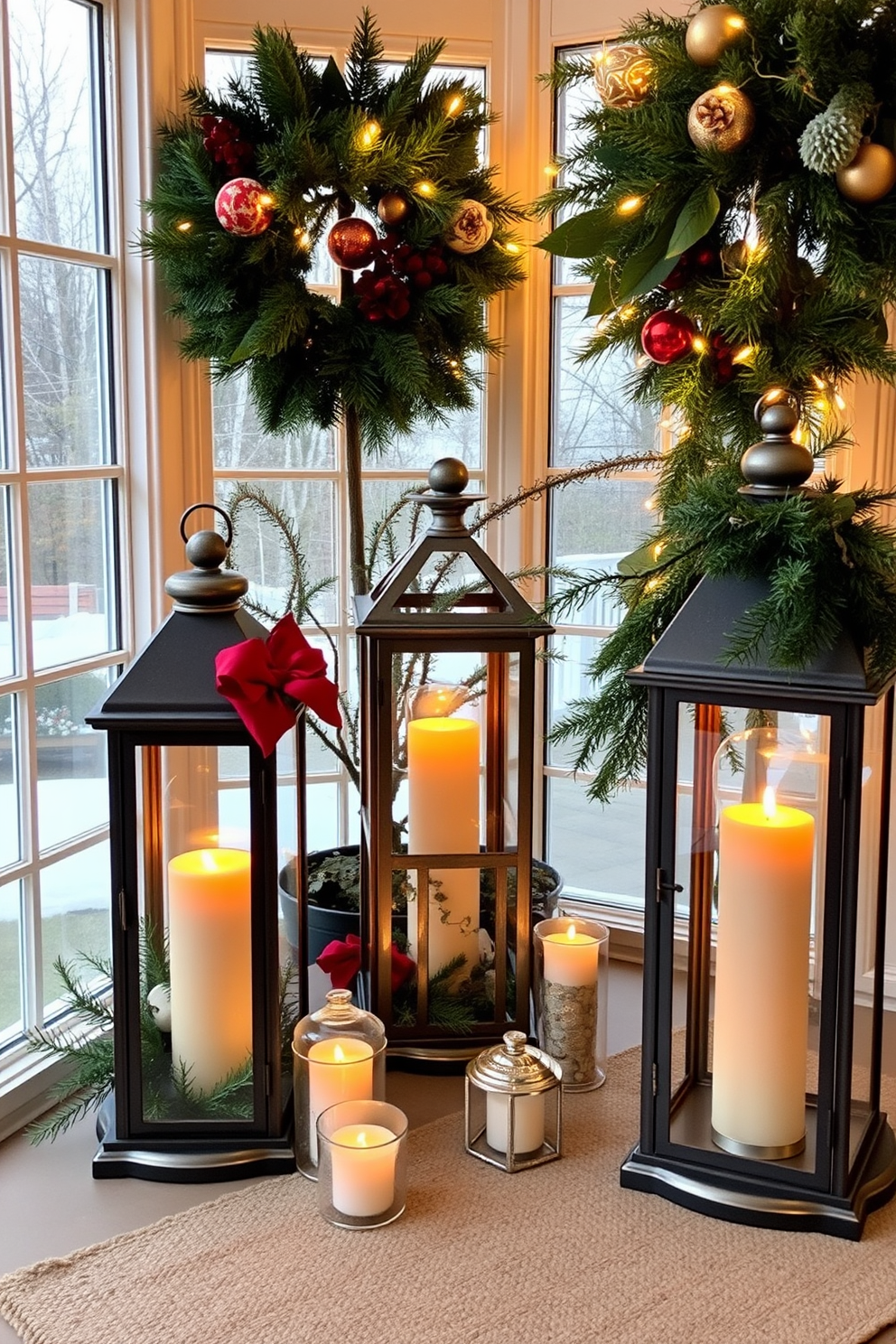 A cozy sunroom adorned for Christmas features decorative lanterns with flickering candles inside. The warm glow of the candles creates a festive atmosphere, complemented by lush greenery and twinkling fairy lights.