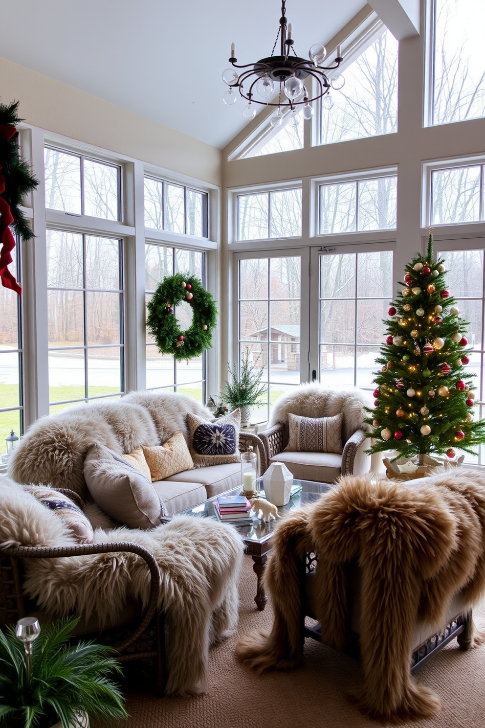 A sunroom adorned with faux fur throws creates an inviting and cozy atmosphere. The space features large windows allowing natural light to flood in, complemented by festive Christmas decorations that bring warmth and cheer.