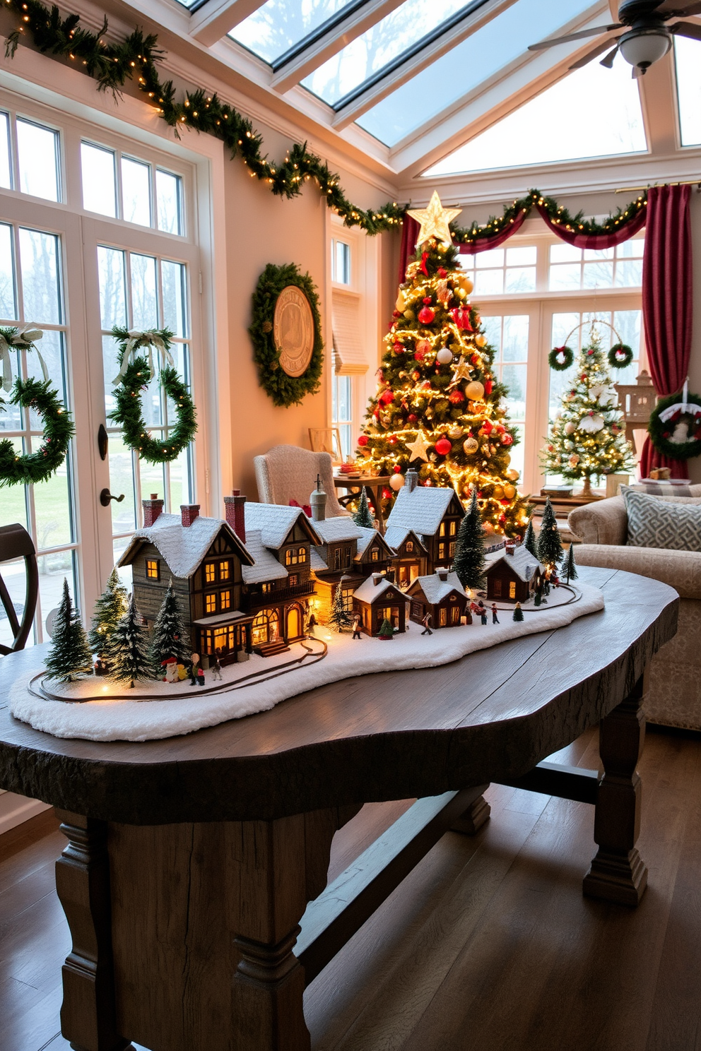 A charming miniature village display is arranged on a rustic wooden table. The village features quaint houses with snow-covered roofs, twinkling lights, and tiny figures engaging in festive activities. The sunroom is adorned with beautiful Christmas decorations, including garlands draped across the windows and a large, decorated tree in the corner. Soft, warm lighting creates a cozy atmosphere, inviting family and friends to gather and enjoy the holiday spirit.