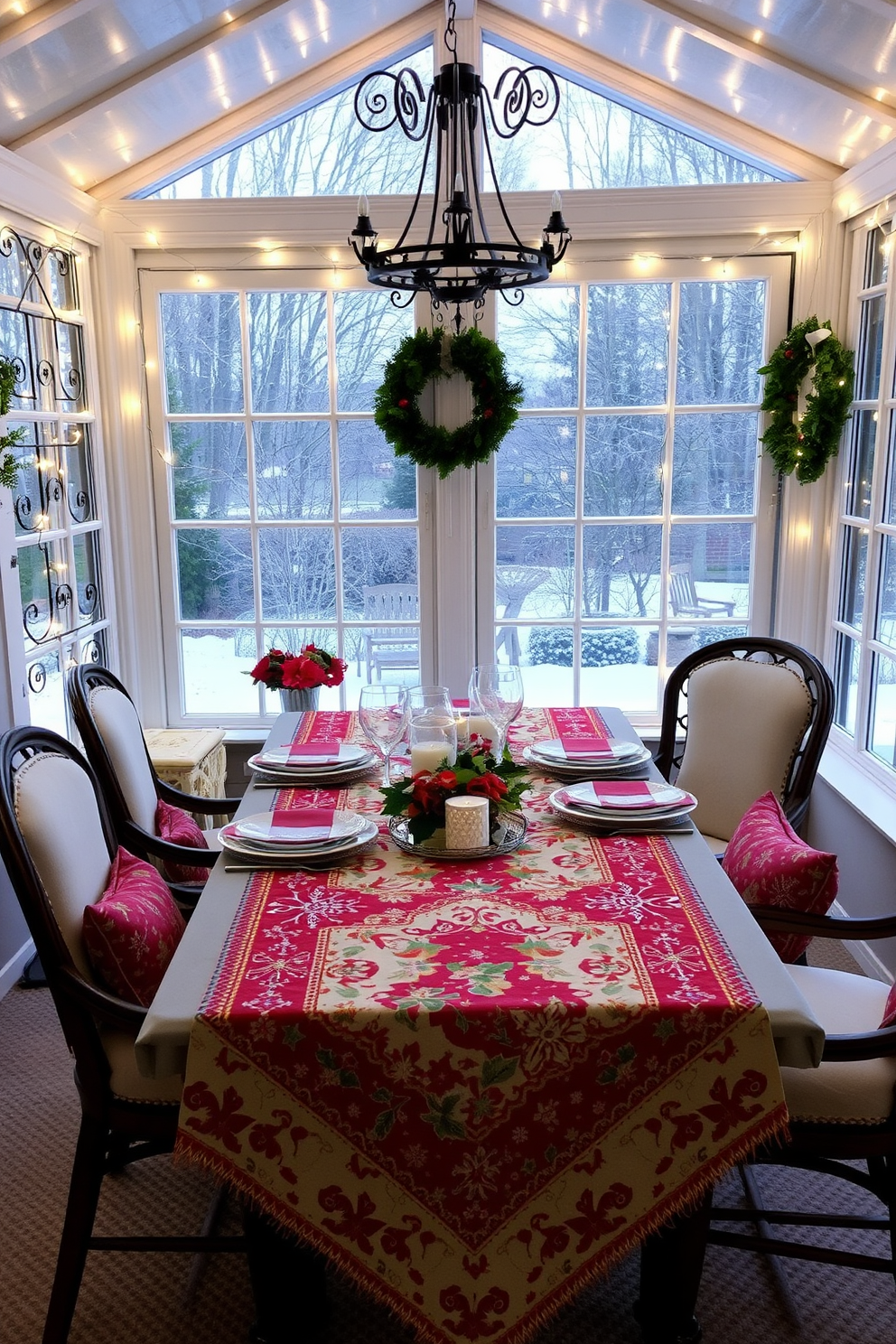 A festive sunroom adorned with a vibrant Christmas-themed table runner that features intricate patterns of holly and snowflakes. The table is set with elegant dinnerware and surrounded by cozy chairs, while twinkling fairy lights drape across the windows, creating a warm and inviting atmosphere.