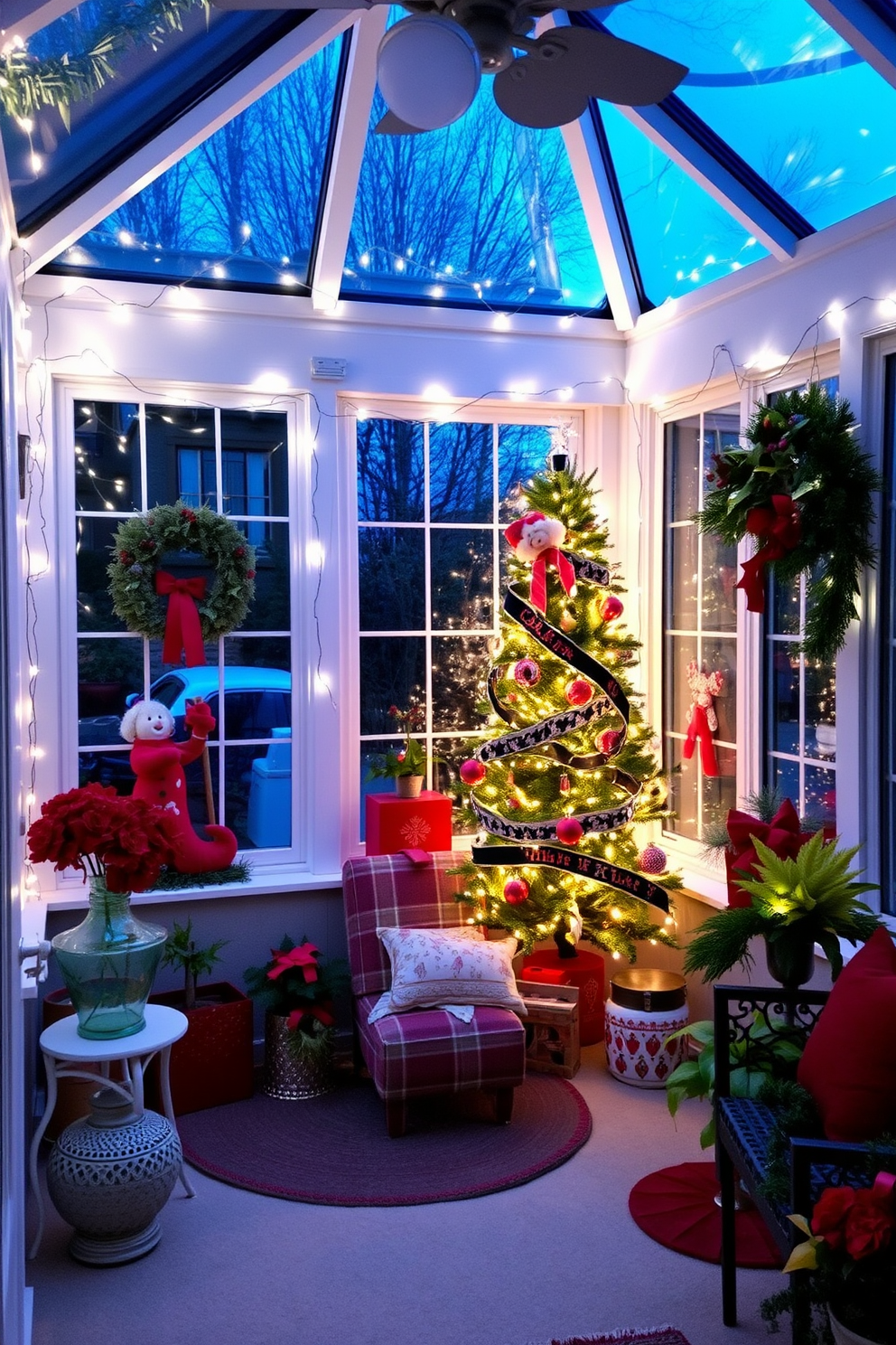 Create a cozy sunroom adorned with twinkling fairy lights gracefully wrapped around the windows. The space is filled with festive decorations, including a beautifully decorated Christmas tree in the corner and vibrant red and green accents throughout.