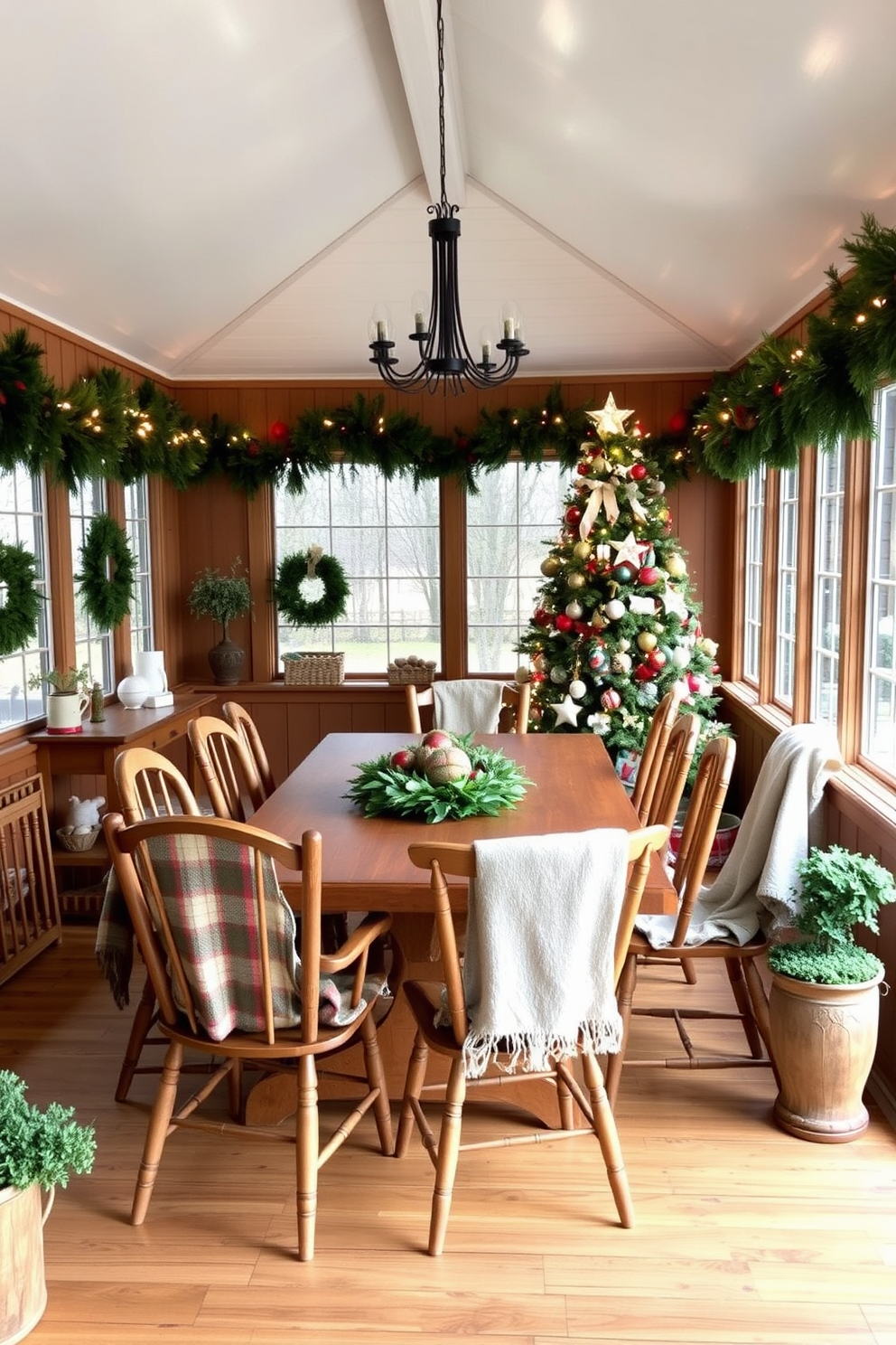 A sunroom filled with rustic wooden accents creates a warm and inviting farmhouse atmosphere. The space features a large wooden dining table surrounded by mismatched chairs, with soft, cozy throws draped over them. For Christmas decorating, the sunroom is adorned with evergreen garlands and twinkling fairy lights. A beautifully decorated tree stands in the corner, complemented by handmade ornaments and a plaid skirt beneath it.