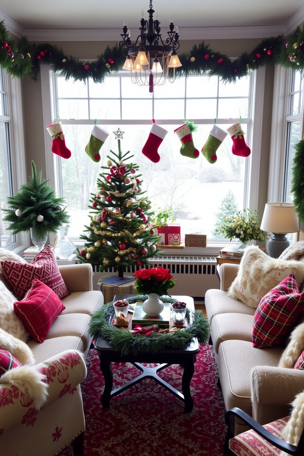 A cozy sunroom adorned for Christmas. Plush seating is arranged around a festive coffee table, and colorful stockings hang cheerfully by the window, filled with small gifts and treats.