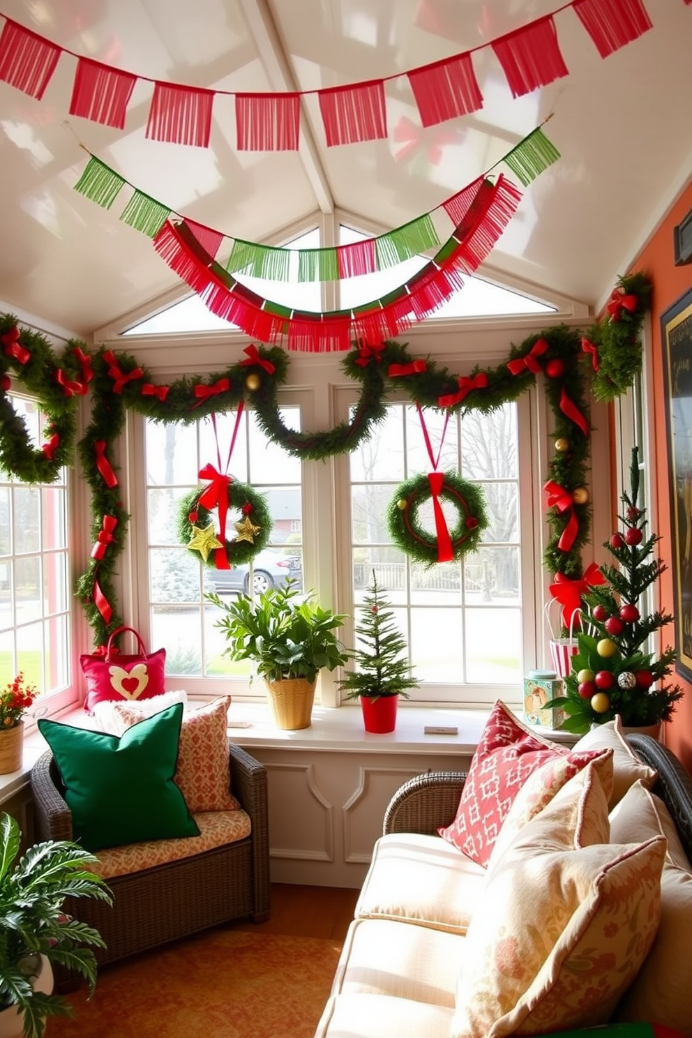 A sunroom adorned with brightly colored holiday banners and bunting creates a festive atmosphere. The walls are decorated with cheerful reds, greens, and golds, while a cozy seating area features plush cushions in coordinating colors.