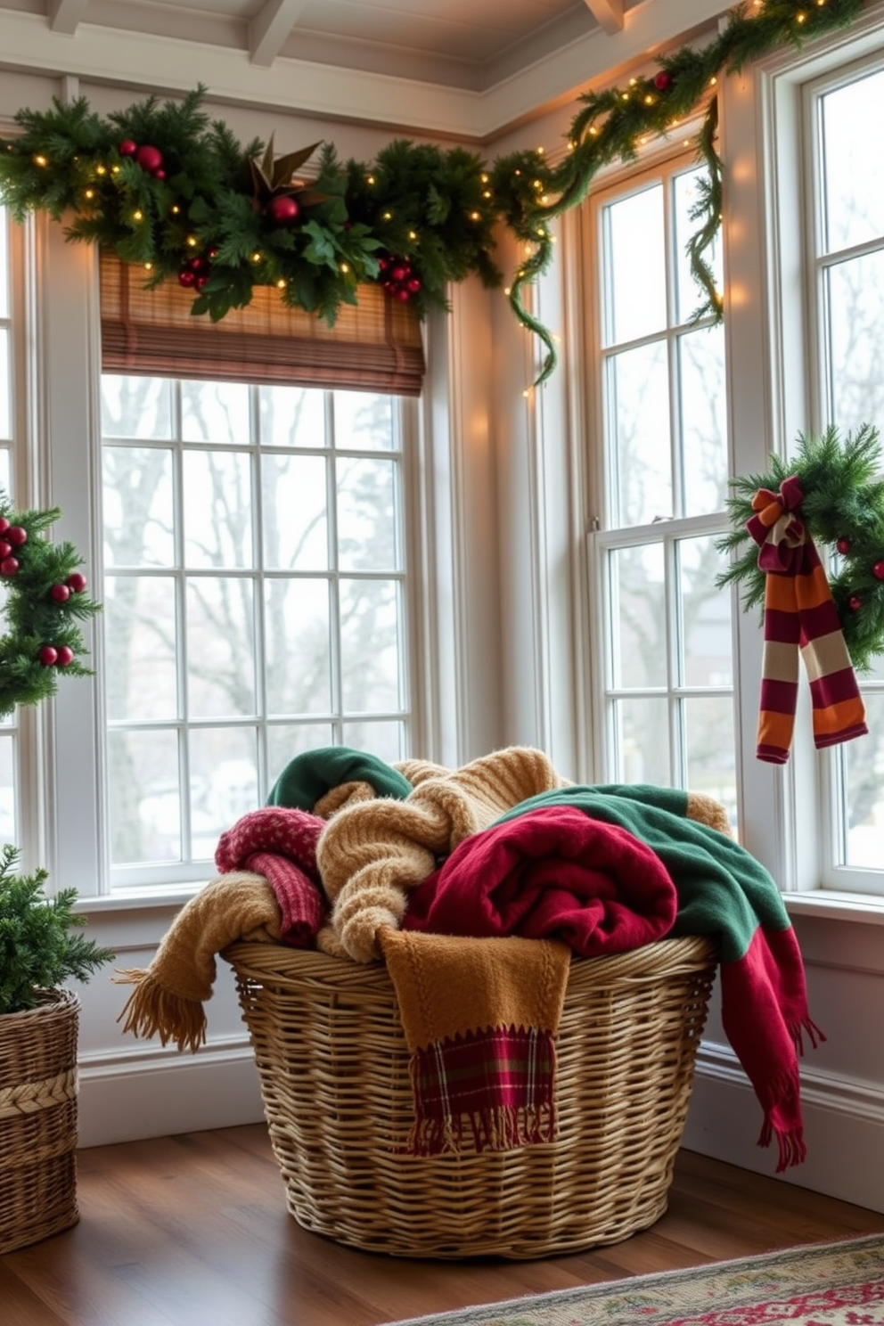 A cozy sunroom filled with natural light showcases a woven basket overflowing with seasonal throw blankets in rich hues of red, green, and gold. The walls are adorned with festive decorations, including garlands and twinkling lights, creating a warm and inviting atmosphere for holiday gatherings.