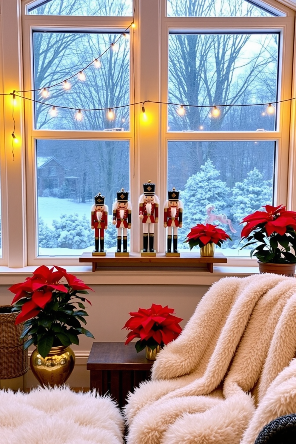 Charming nutcracker figurines are elegantly arranged on a wooden shelf in the sunroom. The warm glow of string lights enhances the festive atmosphere, creating a cozy holiday vibe. Vibrant poinsettias in decorative pots are placed strategically around the room, adding a pop of color. Soft, fluffy throw blankets drape over the seating, inviting guests to relax and enjoy the cheerful decor.