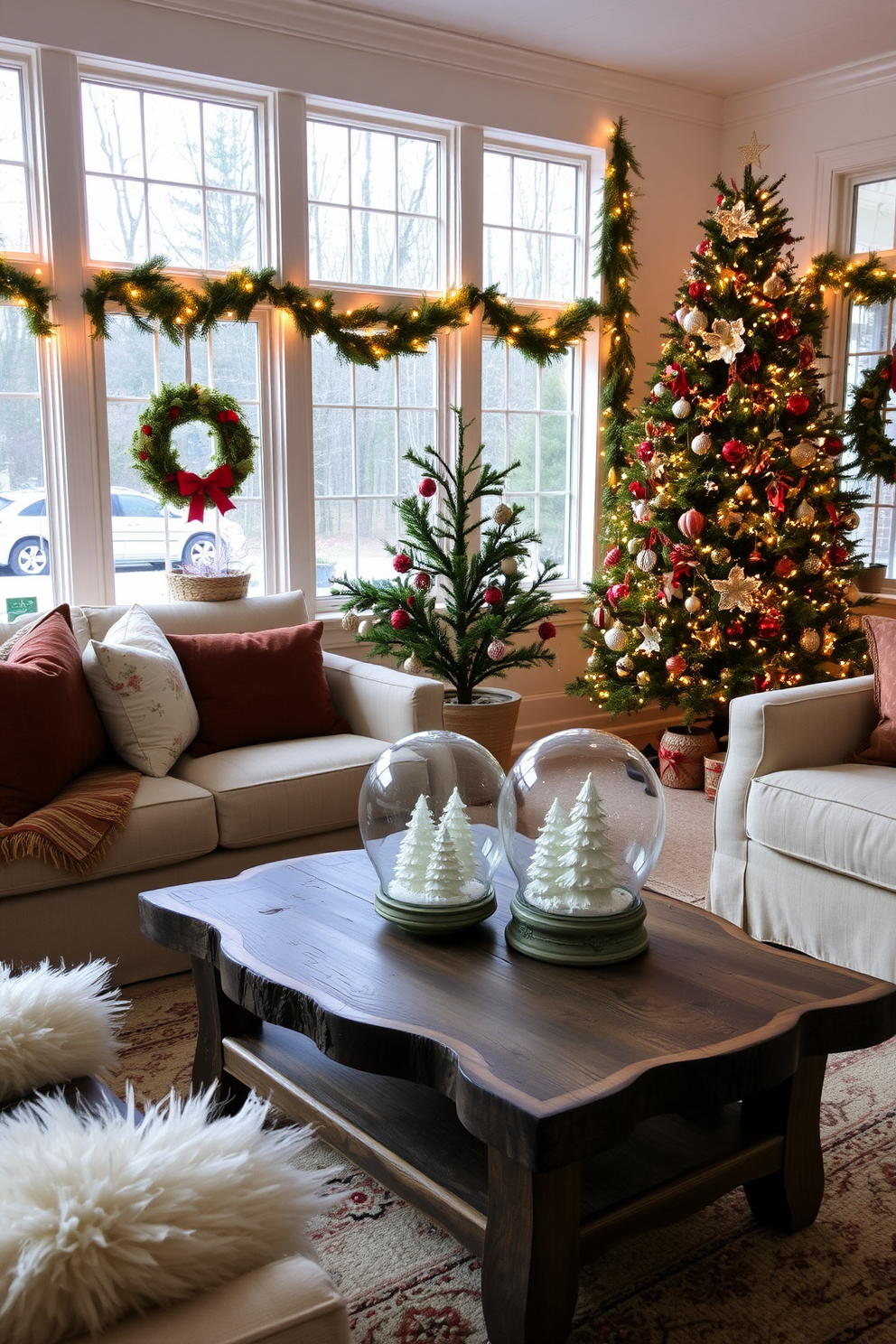 A cozy sunroom adorned with snow globes as decorative accents. The snow globes are placed on a rustic wooden coffee table, surrounded by plush seating and twinkling fairy lights. Festive Christmas decorations fill the sunroom with warmth and cheer. A beautifully decorated tree stands in the corner, while garlands drape elegantly across the windowsills.