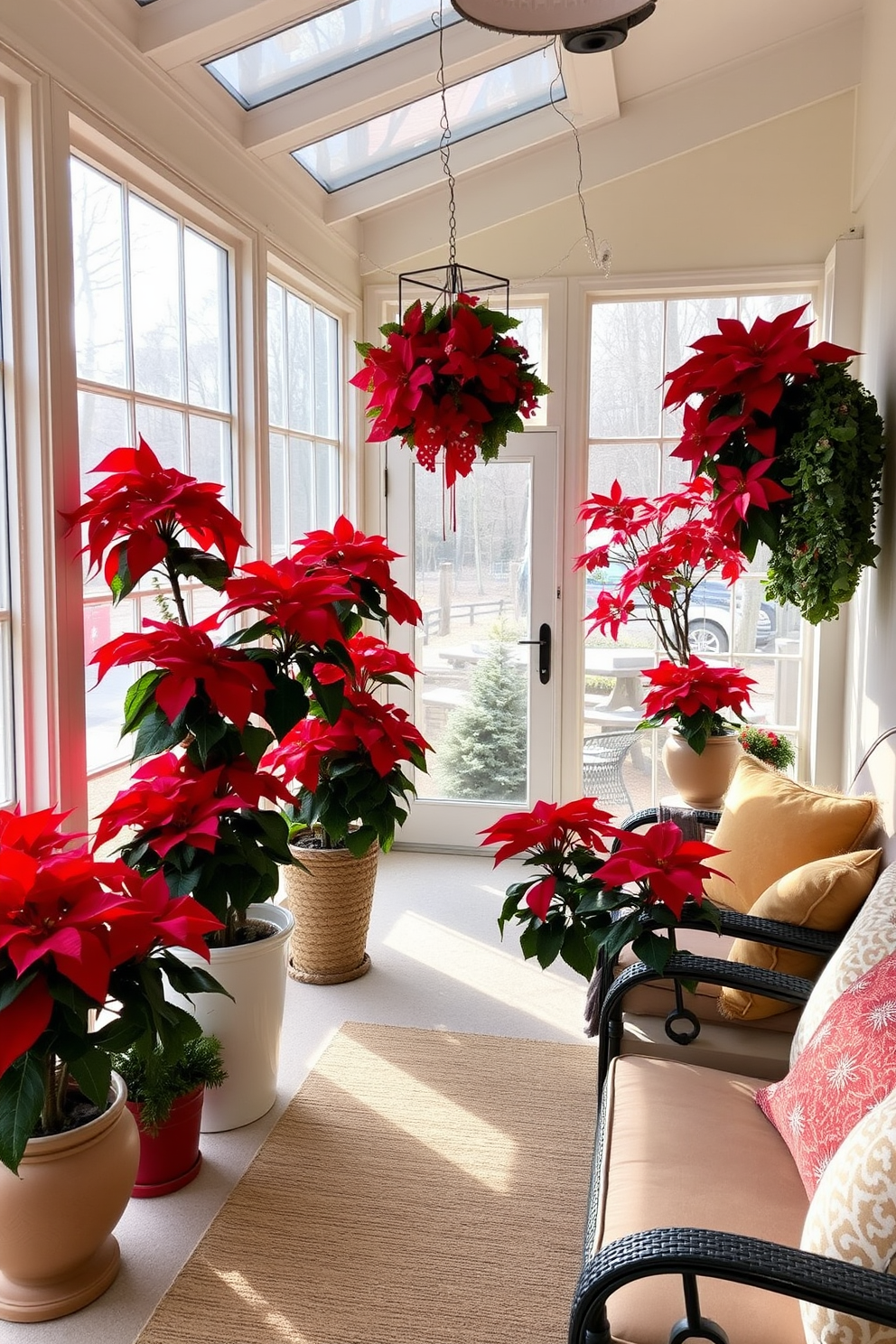 A sunroom adorned with vibrant poinsettias in decorative pots creates a festive atmosphere. The natural light streaming through the large windows enhances the rich colors of the flowers, making the space feel warm and inviting. Cozy seating arrangements are placed around the sunroom, featuring plush cushions in holiday colors. String lights are draped across the ceiling, adding a magical touch to the Christmas decor.