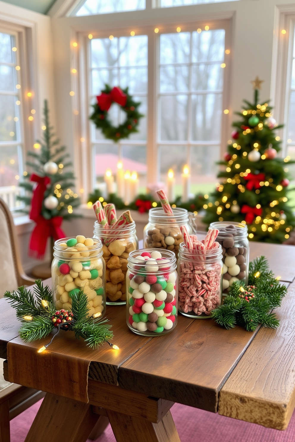 A cozy sunroom decorated for Christmas features mason jars filled with a variety of holiday treats. The jars are arranged on a rustic wooden table, surrounded by twinkling fairy lights and festive greenery.