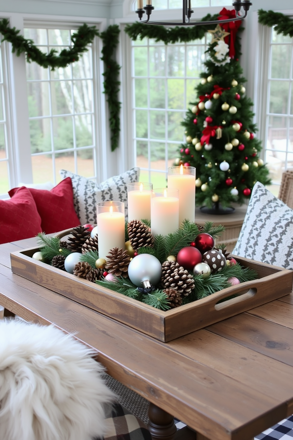 Create a sunroom decorated for Christmas featuring decorative trays filled with festive elements. The trays should include pinecones, ornaments, and candles, arranged artfully on a rustic wooden table surrounded by cozy seating.