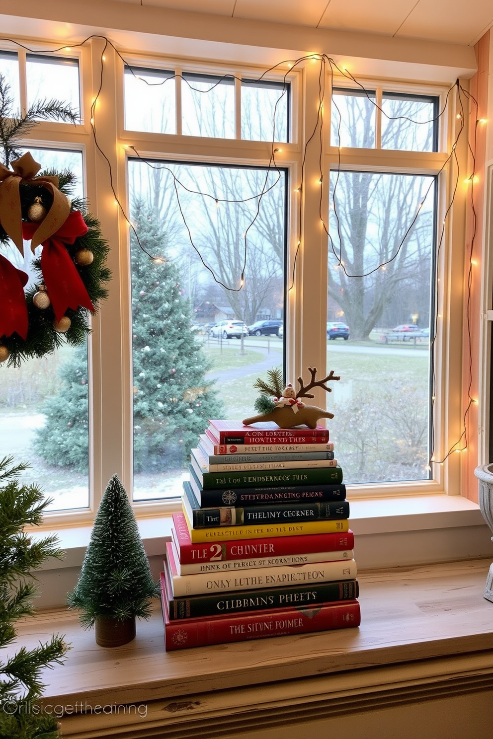 A cozy sunroom adorned for Christmas features a charming display of festive books stacked on a rustic wooden shelf. Twinkling fairy lights drape across the windows, creating a warm and inviting atmosphere perfect for holiday reading.