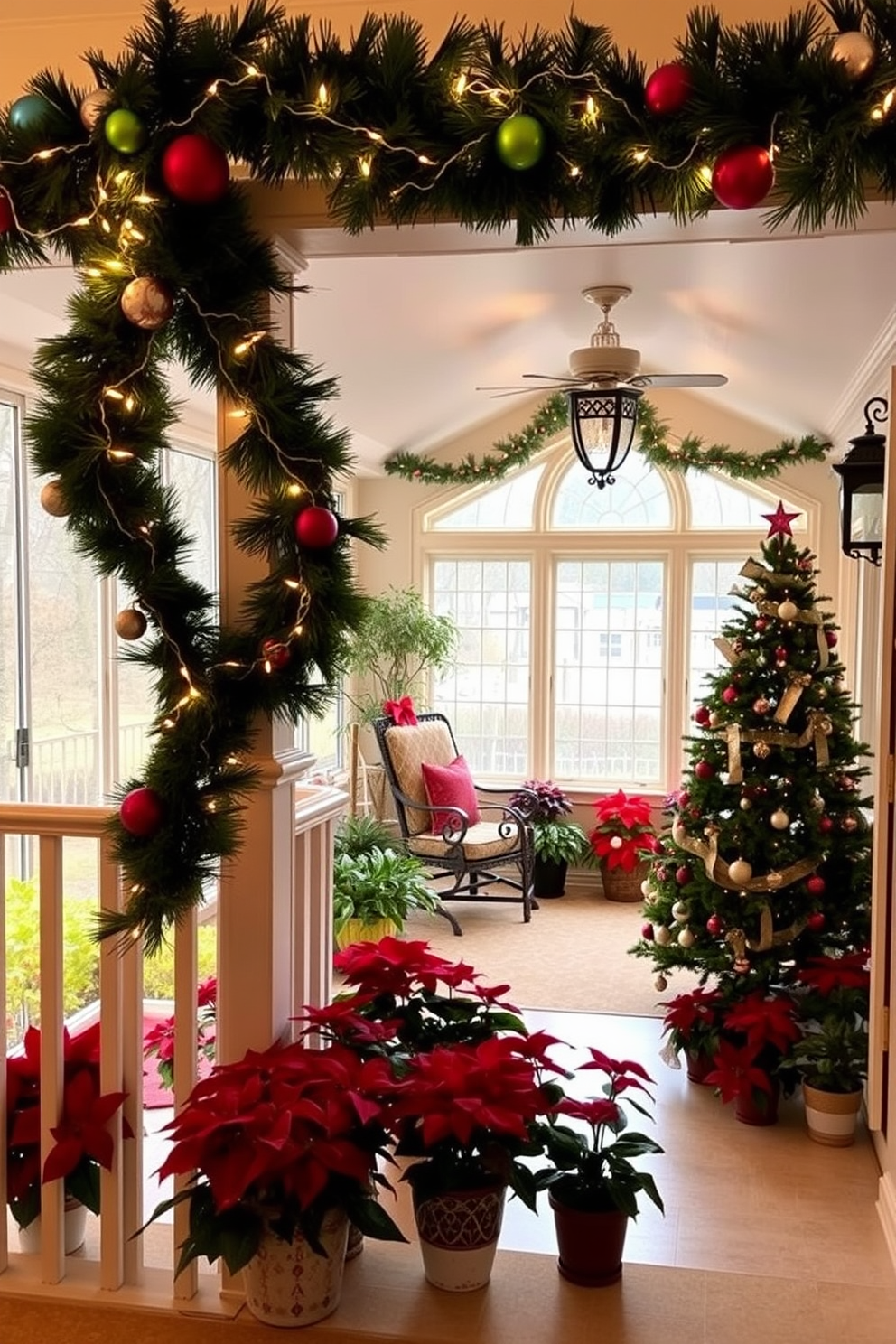 A festive garland drapes elegantly over the railings, adorned with twinkling fairy lights and colorful ornaments. The sunroom is filled with warmth and cheer, featuring a cozy seating area surrounded by potted poinsettias and a beautifully decorated Christmas tree.