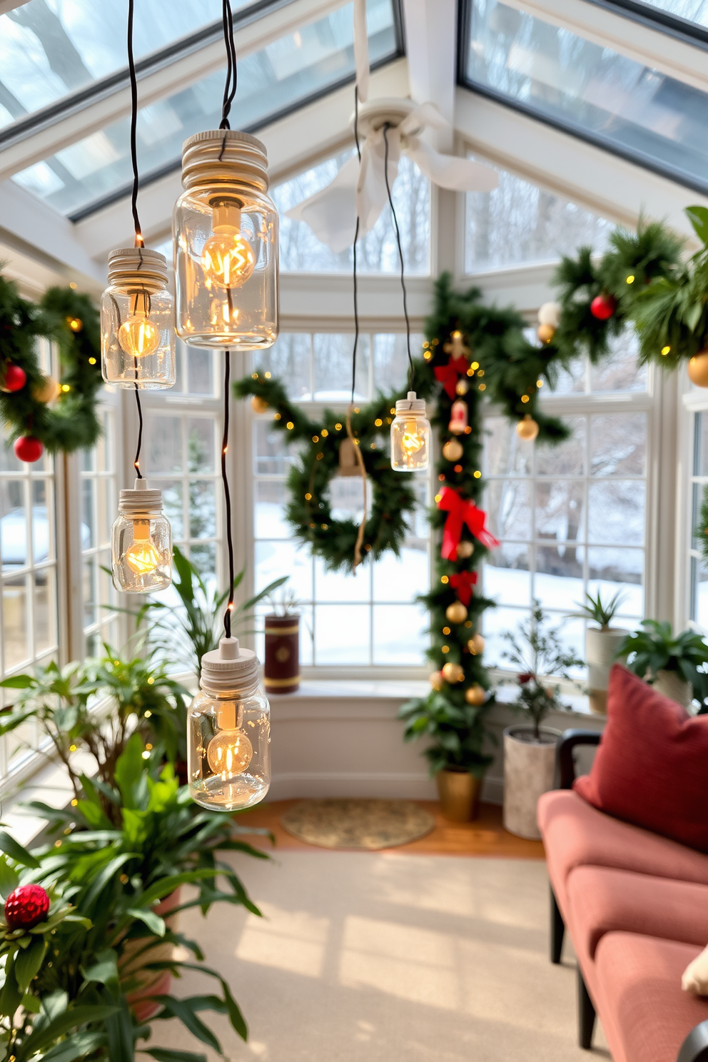 A cozy sunroom filled with natural light. Warm white lights are delicately hung in glass jars, creating a festive ambiance for the holiday season. The space is adorned with lush green plants and comfortable seating. Christmas decorations, including garlands and ornaments, add a cheerful touch to the inviting atmosphere.