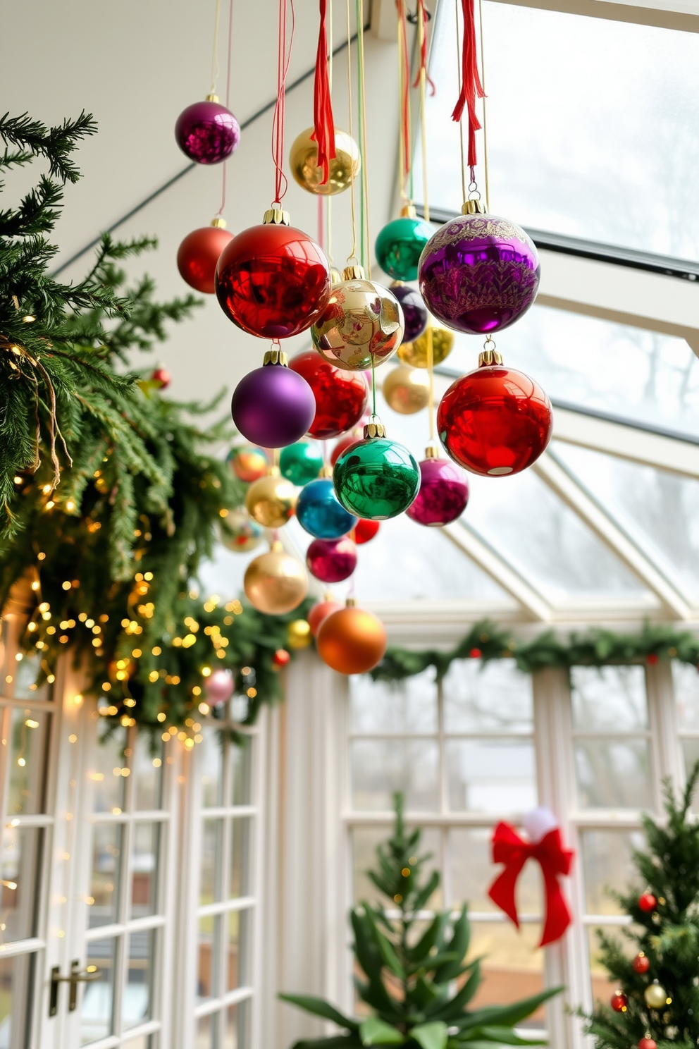 A sunroom filled with natural light features colorful ornaments hanging from the ceiling, creating a festive atmosphere. The walls are adorned with greenery and twinkling fairy lights, enhancing the cheerful holiday spirit.