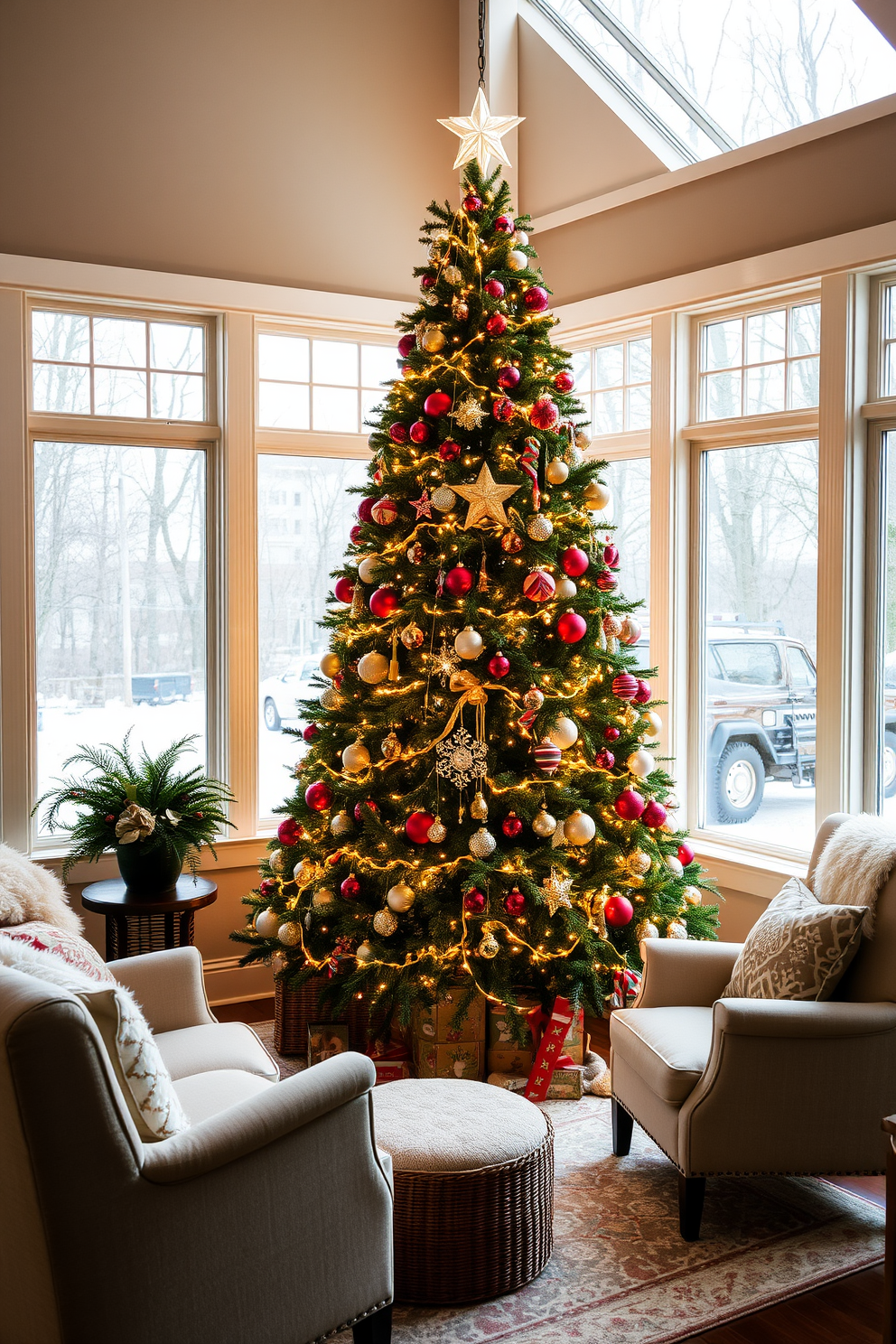 A beautiful Christmas tree stands majestically in the corner of the sunroom. The tree is adorned with twinkling white lights, colorful ornaments, and a shimmering star on top, creating a festive focal point. Surrounding the tree are cozy seating arrangements featuring plush chairs and a soft rug. Natural light streams through large windows, highlighting the cheerful decorations and creating a warm, inviting atmosphere.