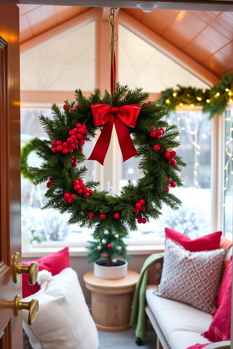 A charming sunroom adorned for Christmas. A seasonal wreath made of fresh pine and red berries hangs on the door, welcoming guests with holiday cheer. Inside the sunroom, twinkling fairy lights drape across the windows, creating a warm and inviting atmosphere. Festive cushions and throws in shades of red and green are scattered across the cozy seating area, enhancing the seasonal decor.