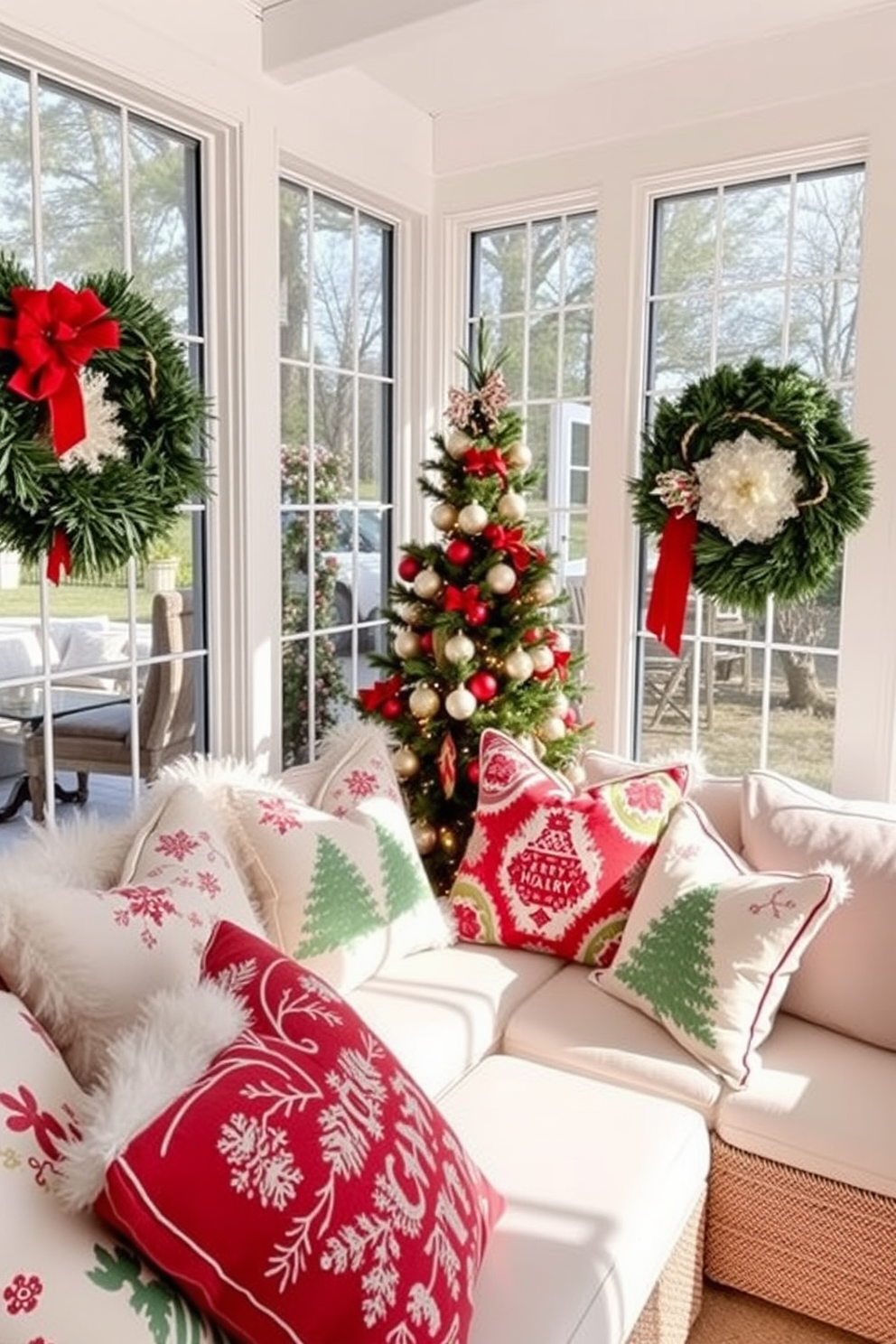 A cozy sunroom adorned with plush pillows featuring festive holiday patterns. The space is filled with natural light, highlighting a beautifully decorated Christmas tree in the corner.