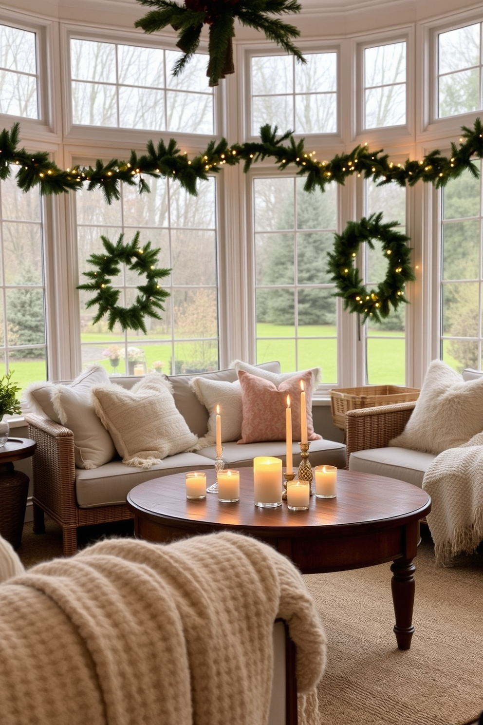 A cozy sunroom filled with natural light. The space features a comfortable seating area adorned with plush cushions and a soft throw blanket. Scented candles are strategically placed on a wooden coffee table, creating a warm ambiance. The candles emit a soft glow, complementing the festive decorations that include pine garlands and twinkling fairy lights.