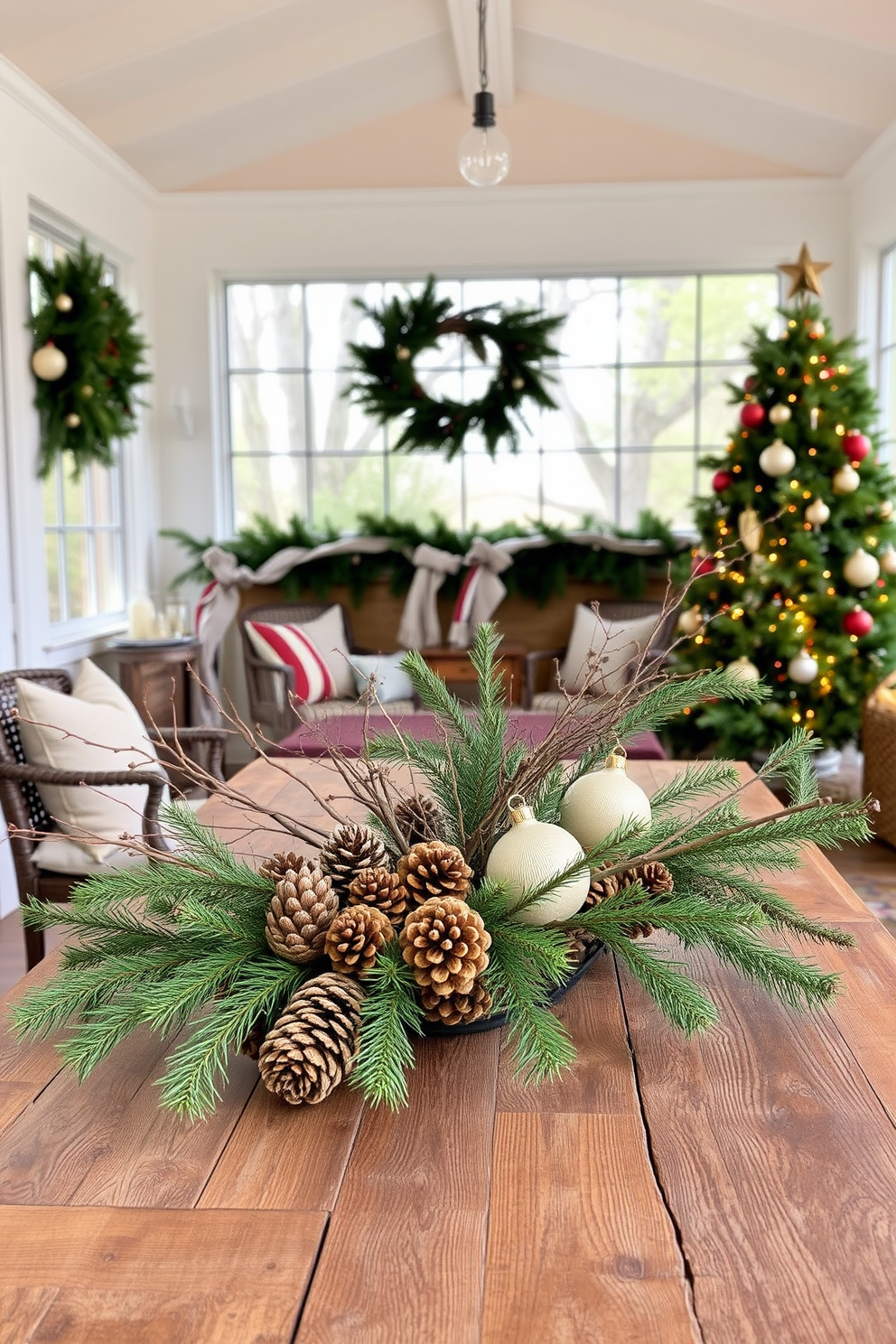 A cozy sunroom adorned for Christmas features natural elements like pinecones and branches artfully arranged on a rustic wooden table. Soft, warm lighting illuminates the space, highlighting the greenery and festive ornaments that create a welcoming holiday atmosphere.