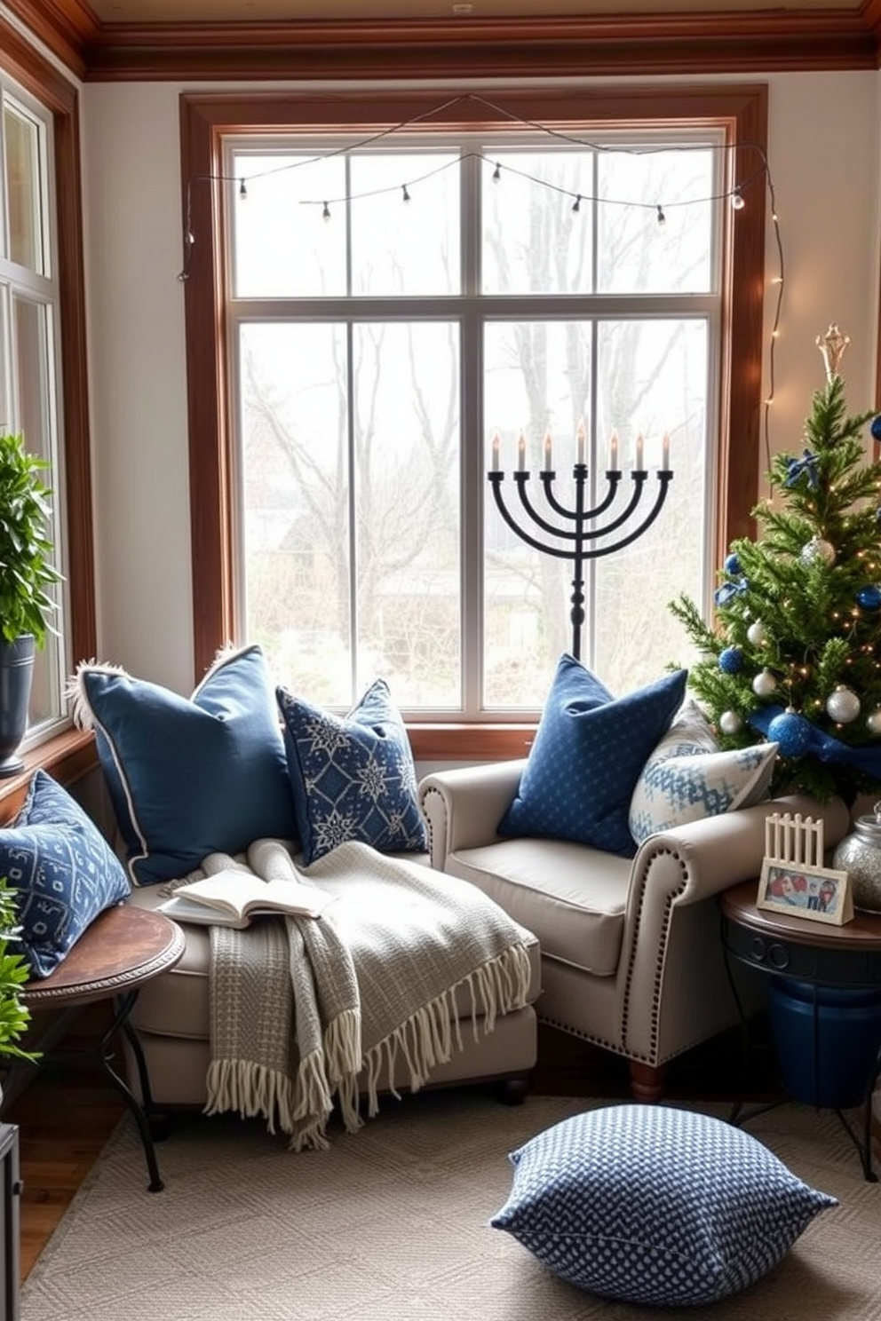 Create a cozy reading nook with plush pillows and a soft throw blanket. A large armchair is positioned next to a window, where natural light floods the space, creating an inviting atmosphere. For Hanukkah decorating ideas in a sunroom, incorporate blue and silver accents throughout the space. String lights and menorah displays add a festive touch while maintaining a warm and welcoming vibe.