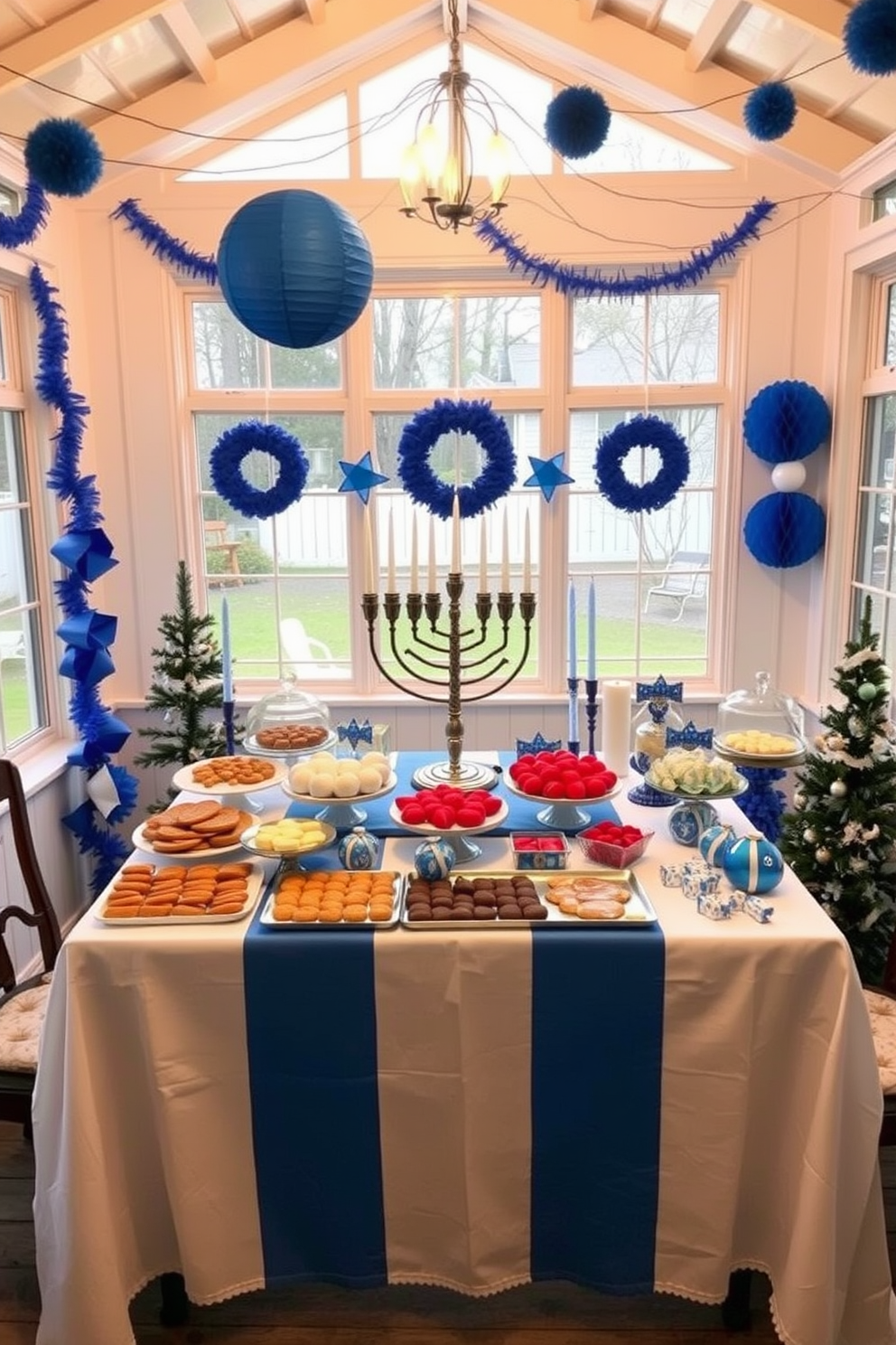 A festive snack station is set up in a sunroom adorned with blue and white decorations. The table is covered with a crisp white tablecloth and features an array of traditional Hanukkah treats, including sufganiyot and gelt. String lights hang above, casting a warm glow over the space. A menorah sits at the center of the table, surrounded by decorative dreidels and candles, creating an inviting atmosphere for celebration.