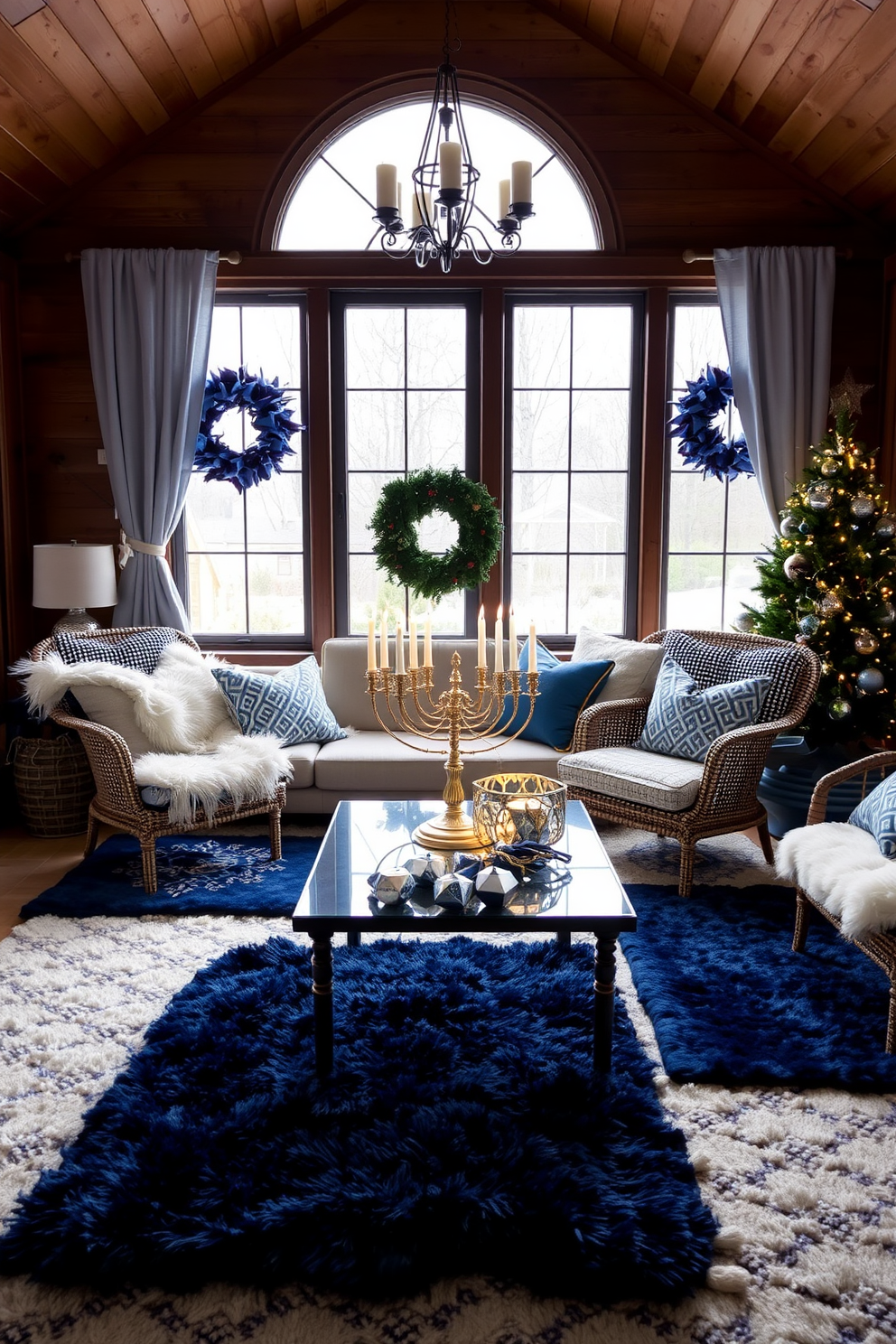 Layer rugs for added texture and warmth. A cozy sunroom features a combination of soft, plush rugs in various sizes and patterns, creating an inviting atmosphere. For Hanukkah decorating ideas, the sunroom is adorned with festive blue and silver accents. A beautifully arranged menorah sits on a table, surrounded by decorative dreidels and sparkling string lights.