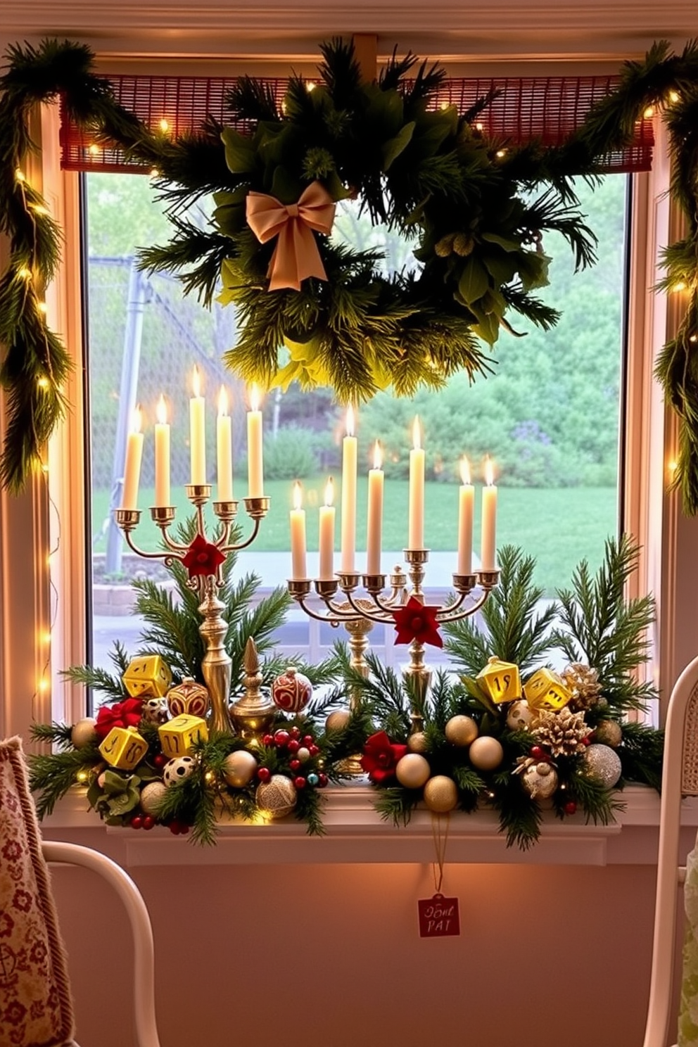 Create a charming sunroom window display that celebrates Hanukkah. Incorporate beautifully designed menorahs of varying heights, surrounded by twinkling fairy lights and seasonal greenery. Add colorful dreidels and festive ornaments to enhance the festive atmosphere. Use a soft, warm color palette to create an inviting and cozy feel that reflects the spirit of the holiday.