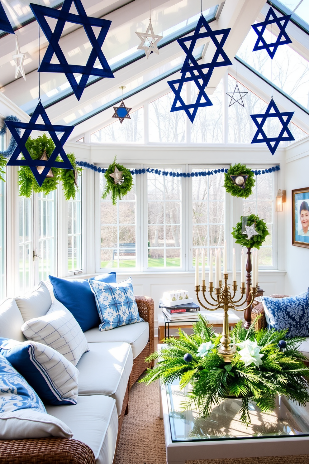 A bright sunroom filled with natural light features a cozy seating area adorned with cushions in blue and white hues. Star of David decorations hang from the ceiling, adding a festive touch to the space, while a beautifully arranged menorah sits on a coffee table surrounded by seasonal greenery. The walls are adorned with Hanukkah-themed artwork, enhancing the celebratory atmosphere. Soft, warm lighting creates an inviting ambiance, perfect for gathering with family and friends during the holiday season.