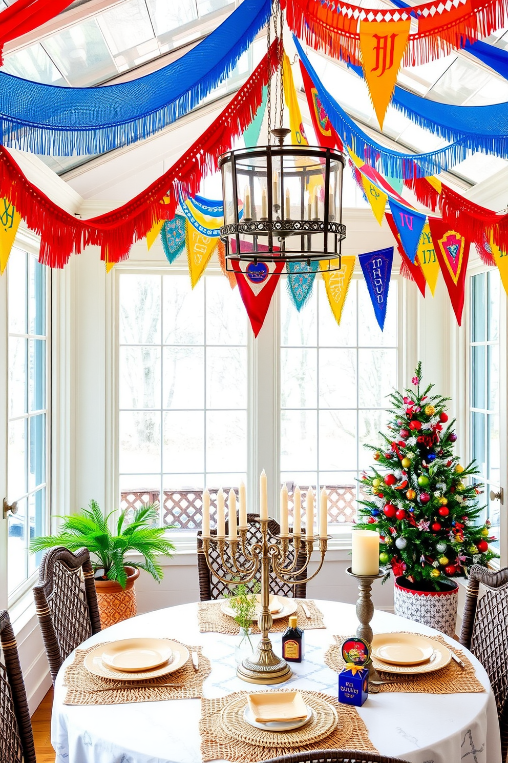 Create a vibrant sunroom adorned with colorful Hanukkah banners that drape elegantly from the ceiling. The space is filled with natural light, highlighting festive decorations like a beautifully set table featuring traditional menorahs and dreidels.