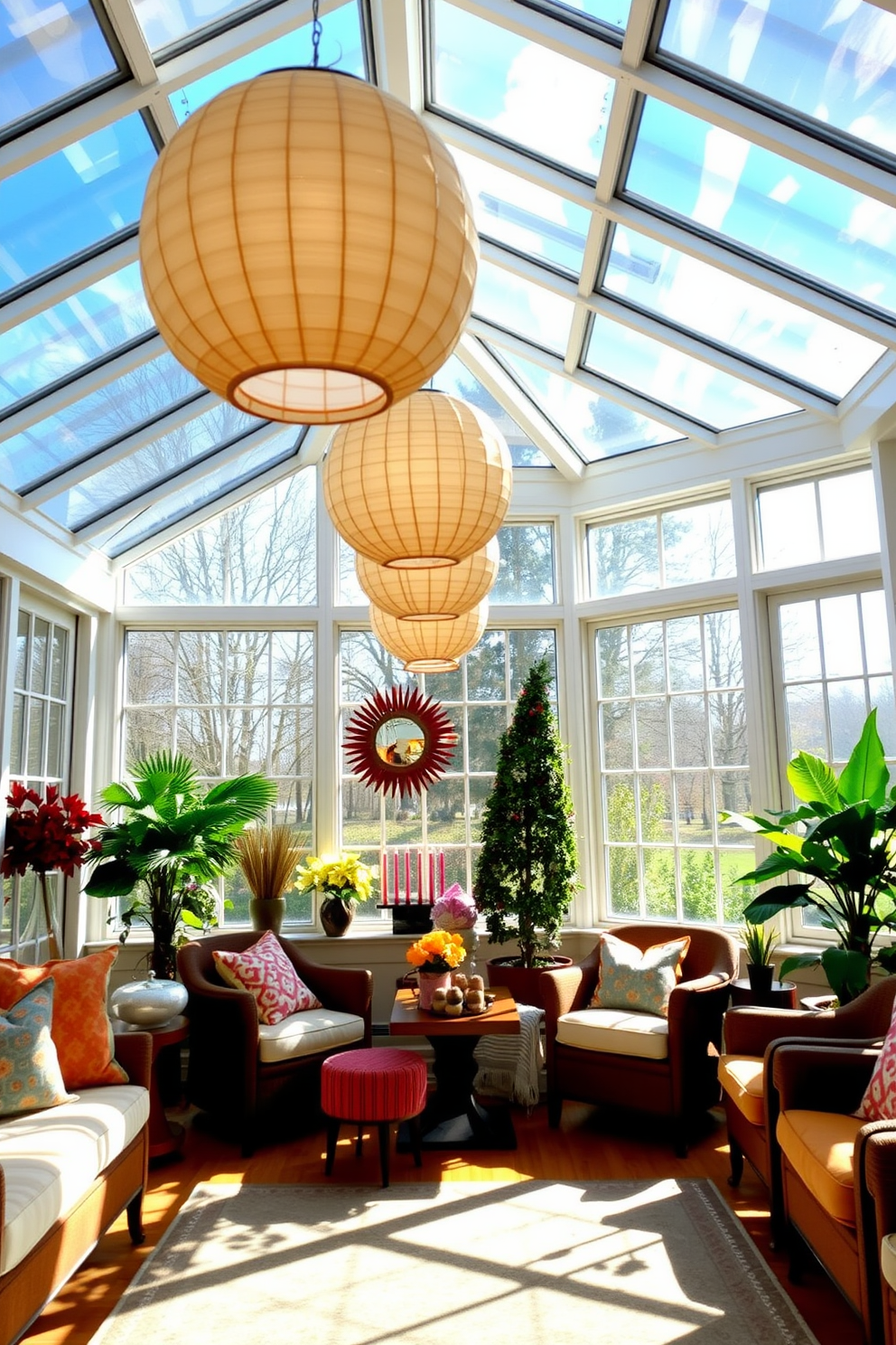 A bright sunroom filled with natural light features paper lanterns hanging from the ceiling, creating a warm and festive ambiance. The decor includes a mix of traditional and modern elements, with cozy seating arrangements and colorful accents that celebrate the spirit of Hanukkah.