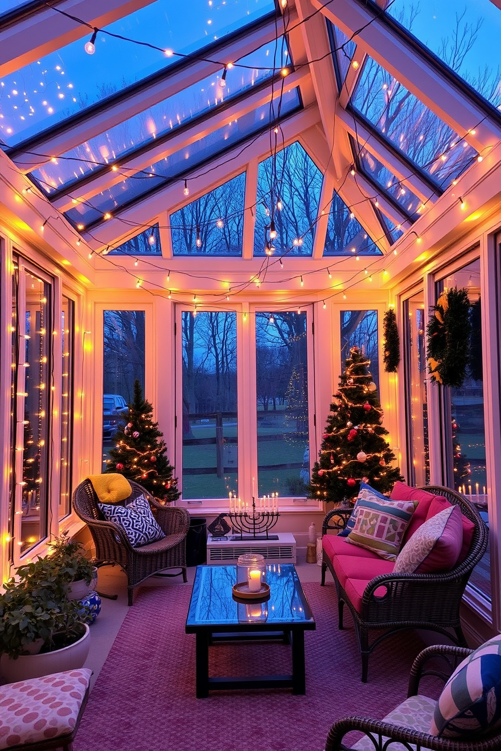 A cozy sunroom adorned with string lights creating a warm and inviting atmosphere. The walls are lined with large windows, allowing natural light to flood the space, while festive decorations celebrate the spirit of Hanukkah.