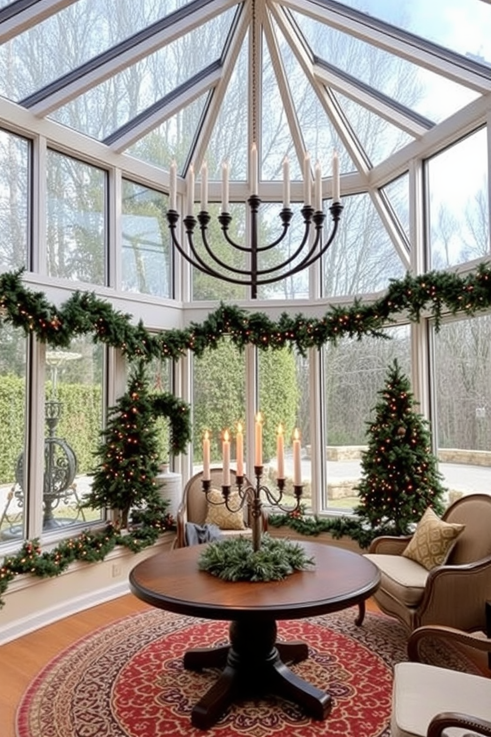 A sunroom filled with natural light features oversized menorahs as stunning focal points. The space is adorned with festive decorations, including garlands of greenery and twinkling fairy lights to enhance the holiday atmosphere.