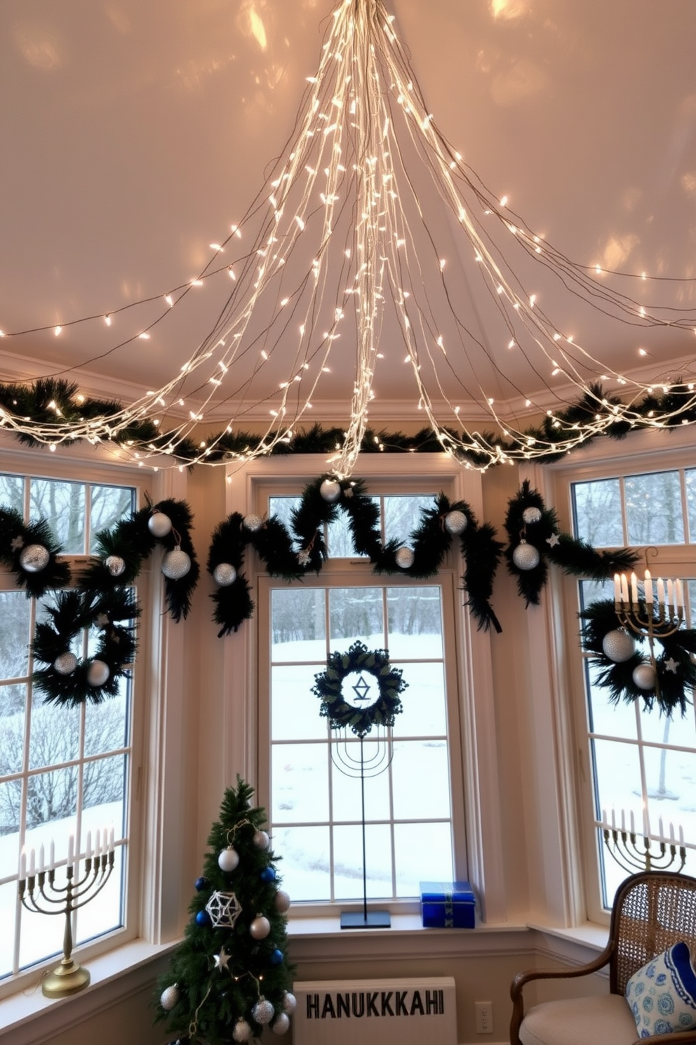 A cozy sunroom adorned for Hanukkah features twinkling fairy lights draped across the ceiling, creating a warm and inviting atmosphere. The windows are decorated with blue and silver accents, including festive garlands and menorah displays, enhancing the seasonal charm.