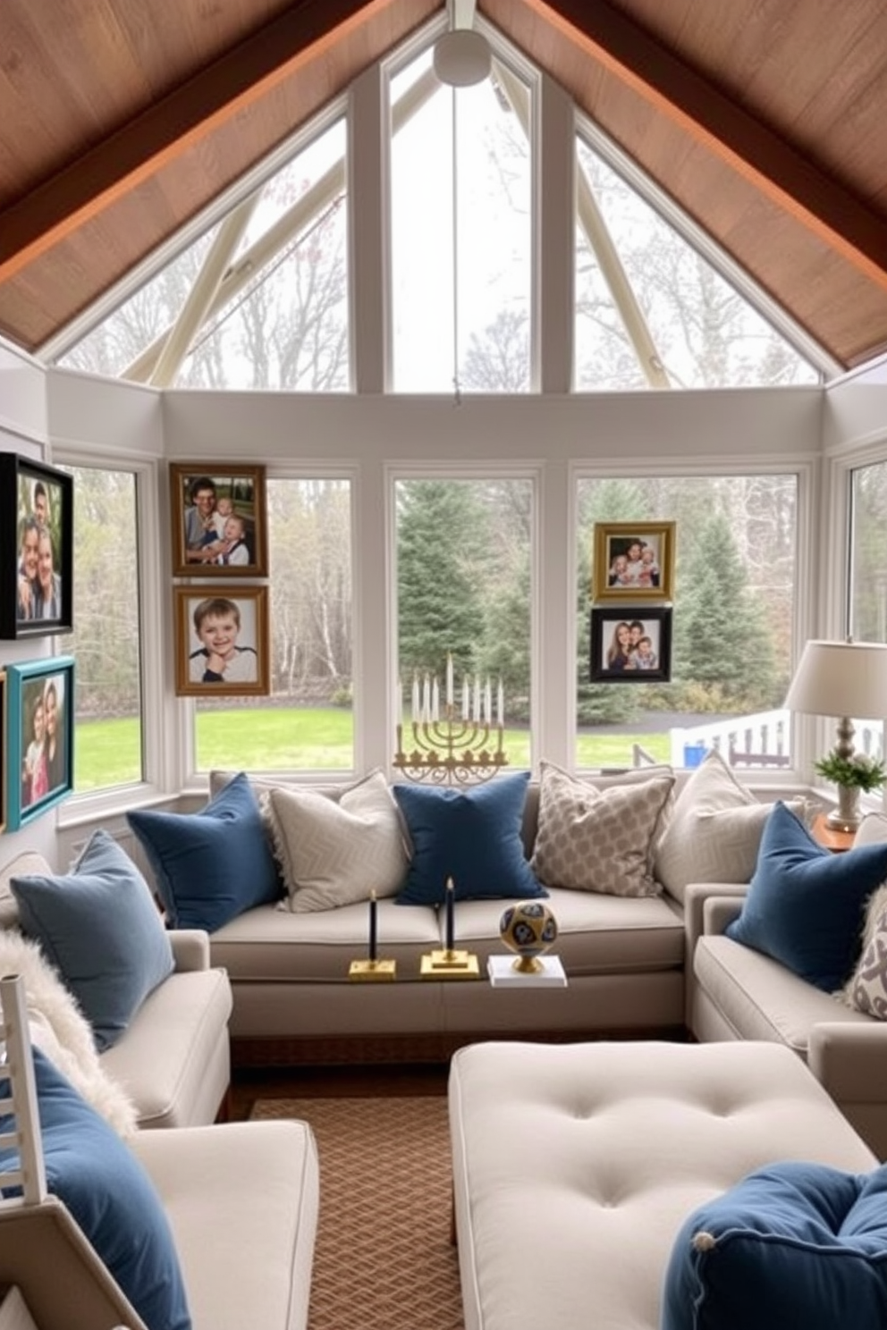 A cozy sunroom filled with natural light. The walls are adorned with festive family photos displayed in colorful frames, celebrating the joy of Hanukkah. A large, comfortable seating area is arranged with plush cushions in blue and white hues. Decorative menorahs and dreidels are placed on the coffee table, enhancing the festive atmosphere.