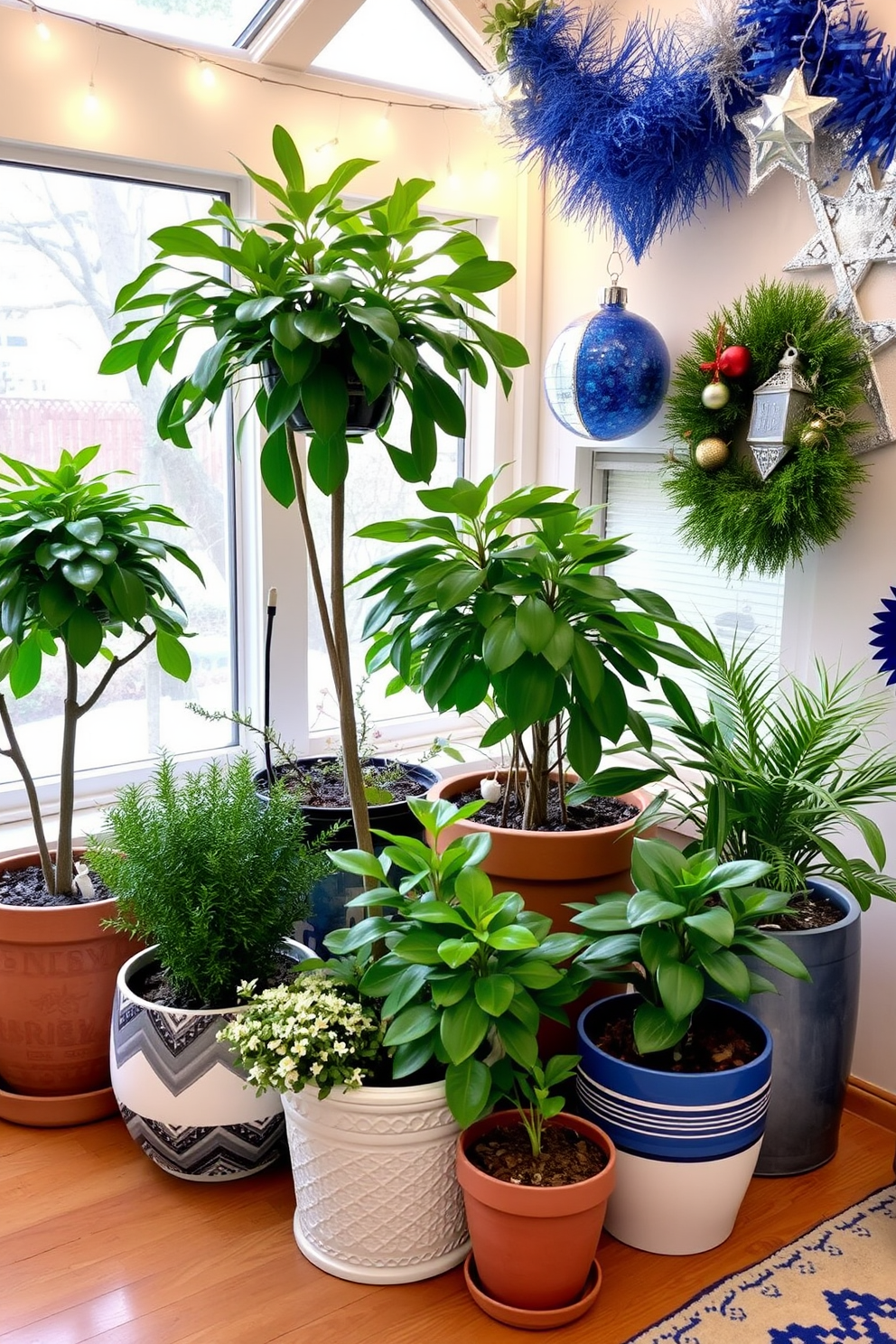 Create a mini indoor garden filled with a variety of lush green plants in decorative pots. Soft, warm lights are strung above to create a cozy and inviting atmosphere. Design a sunroom adorned with festive Hanukkah decorations. Incorporate blue and silver accents, including menorahs and dreidels, to celebrate the holiday season.